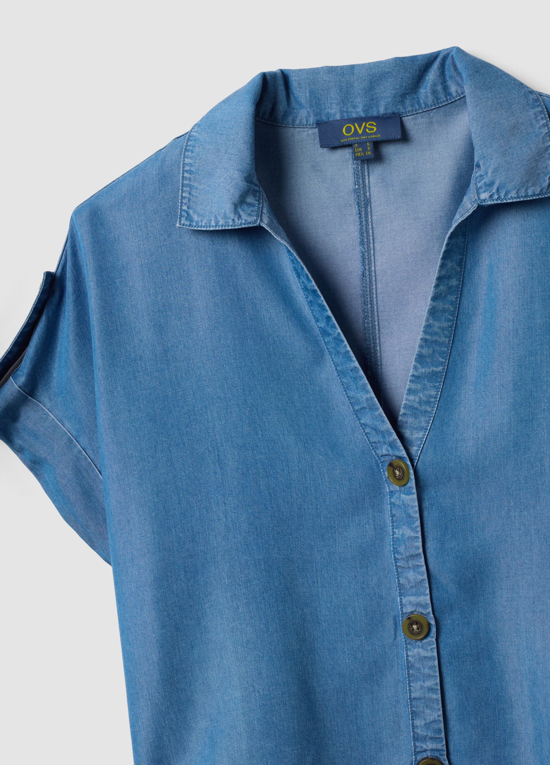 Light blue pure lyocell shirt with patterned collar