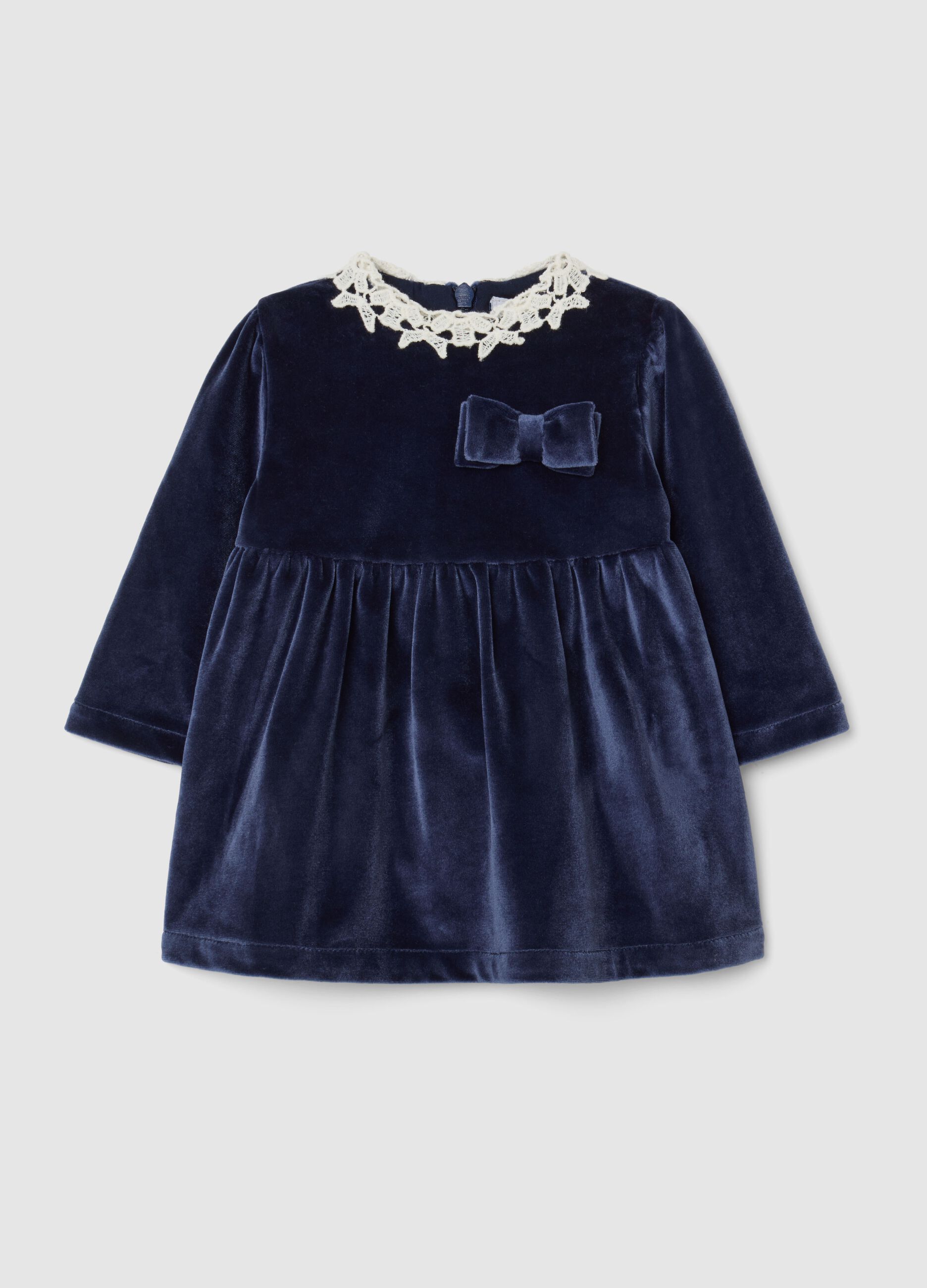 Blue velour regular fit baby dress with lace details