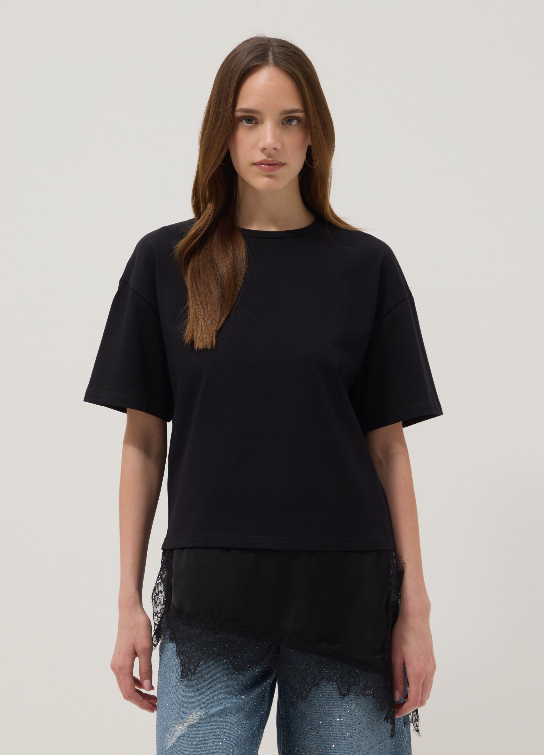 Black pure cotton T-shirt with lace insert, relaxed fit