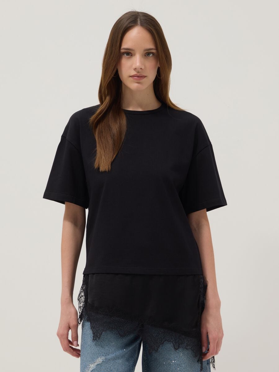 Black pure cotton T-shirt with lace insert, relaxed fit_2
