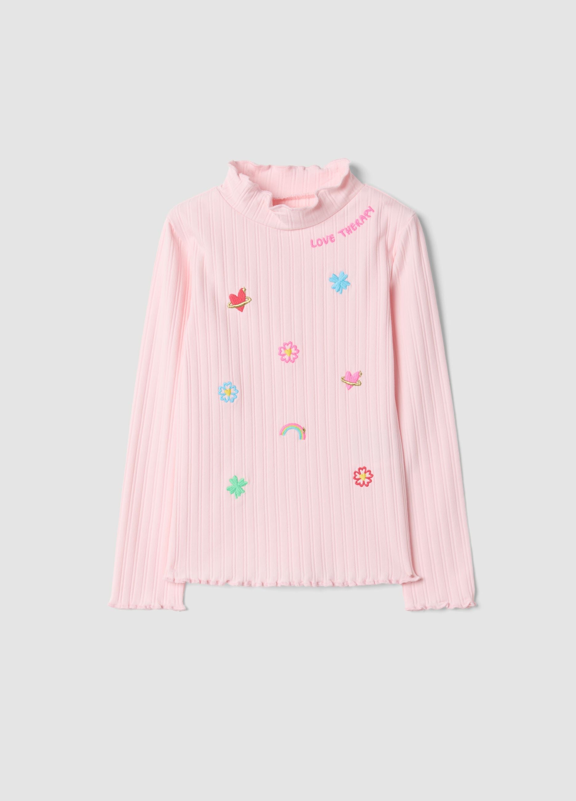 T-shirt rosa in cotone elasticizzato a collo rialzato con ricami decorativi