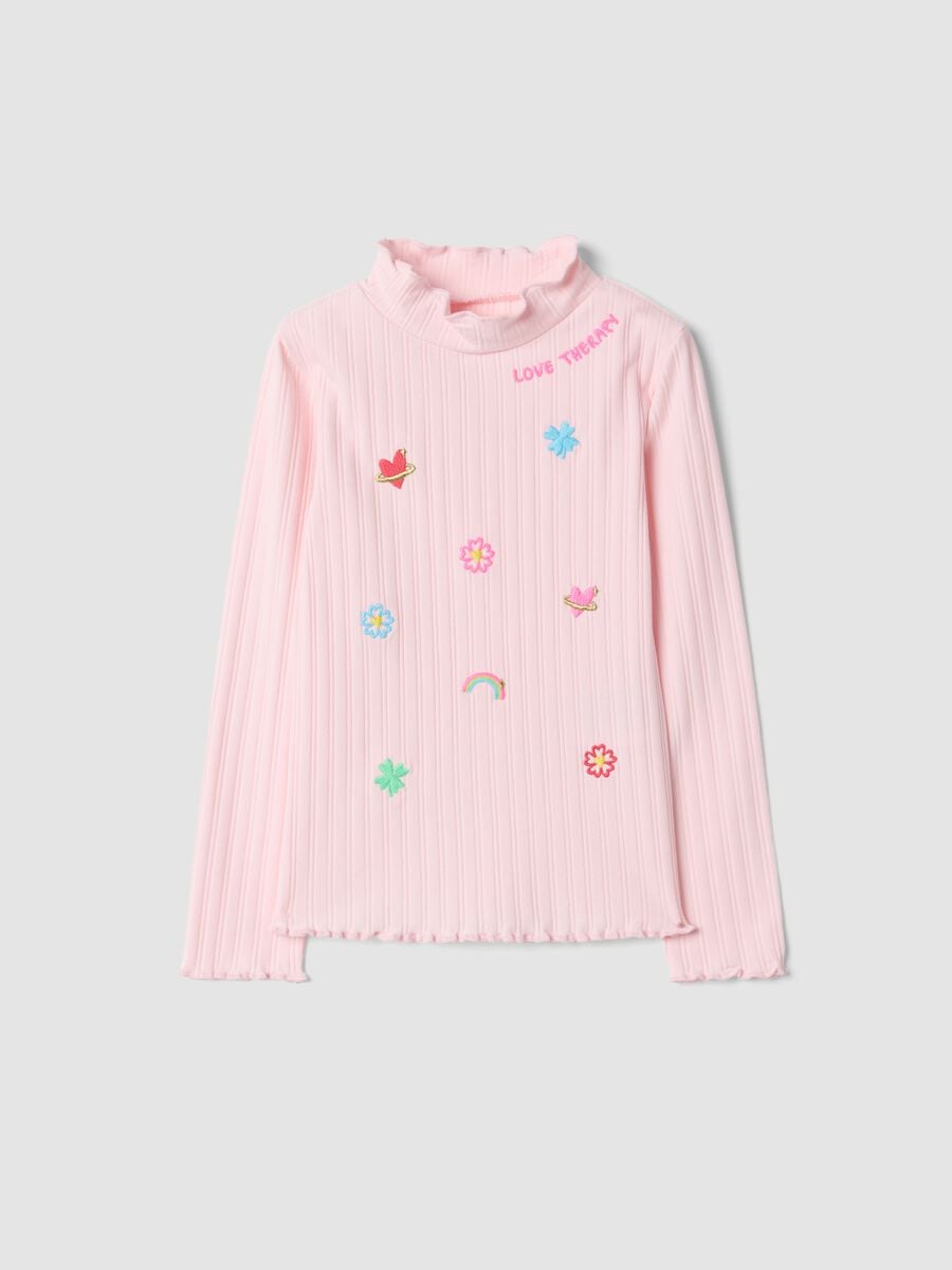 T-shirt rosa in cotone elasticizzato a collo rialzato con ricami decorativi_0