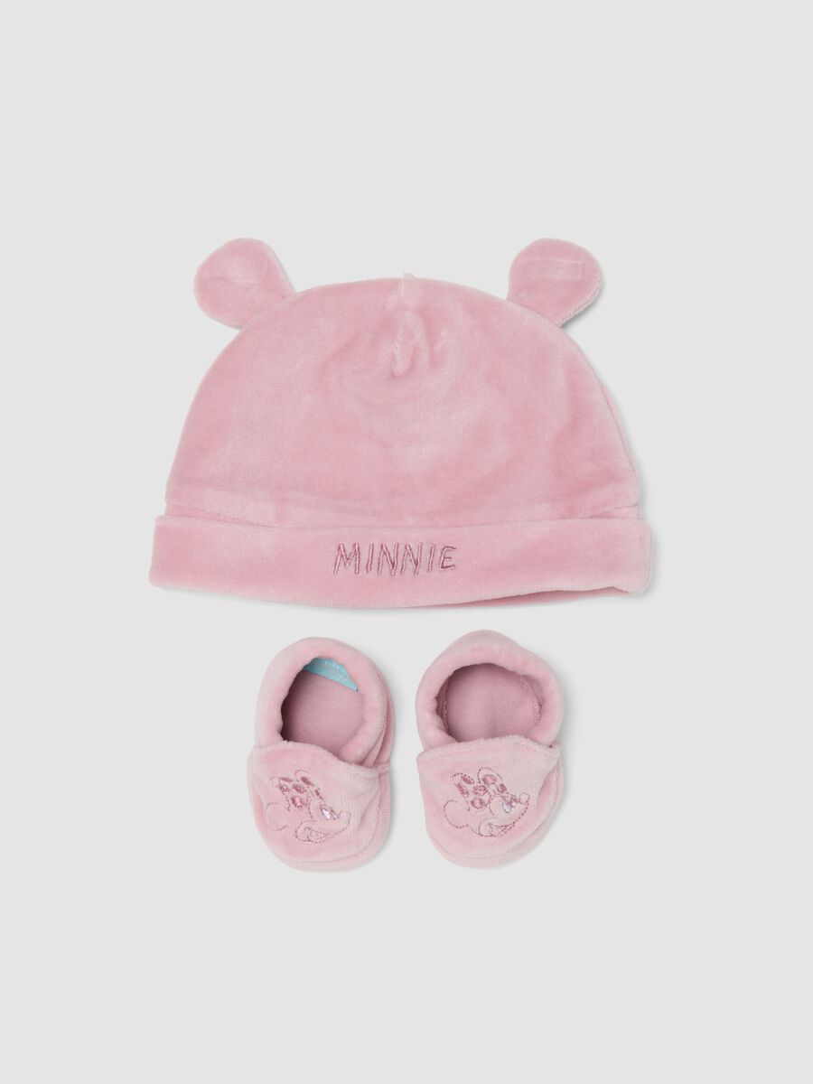 Pink baby girl set with hat, booties and Minnie embroidery_0
