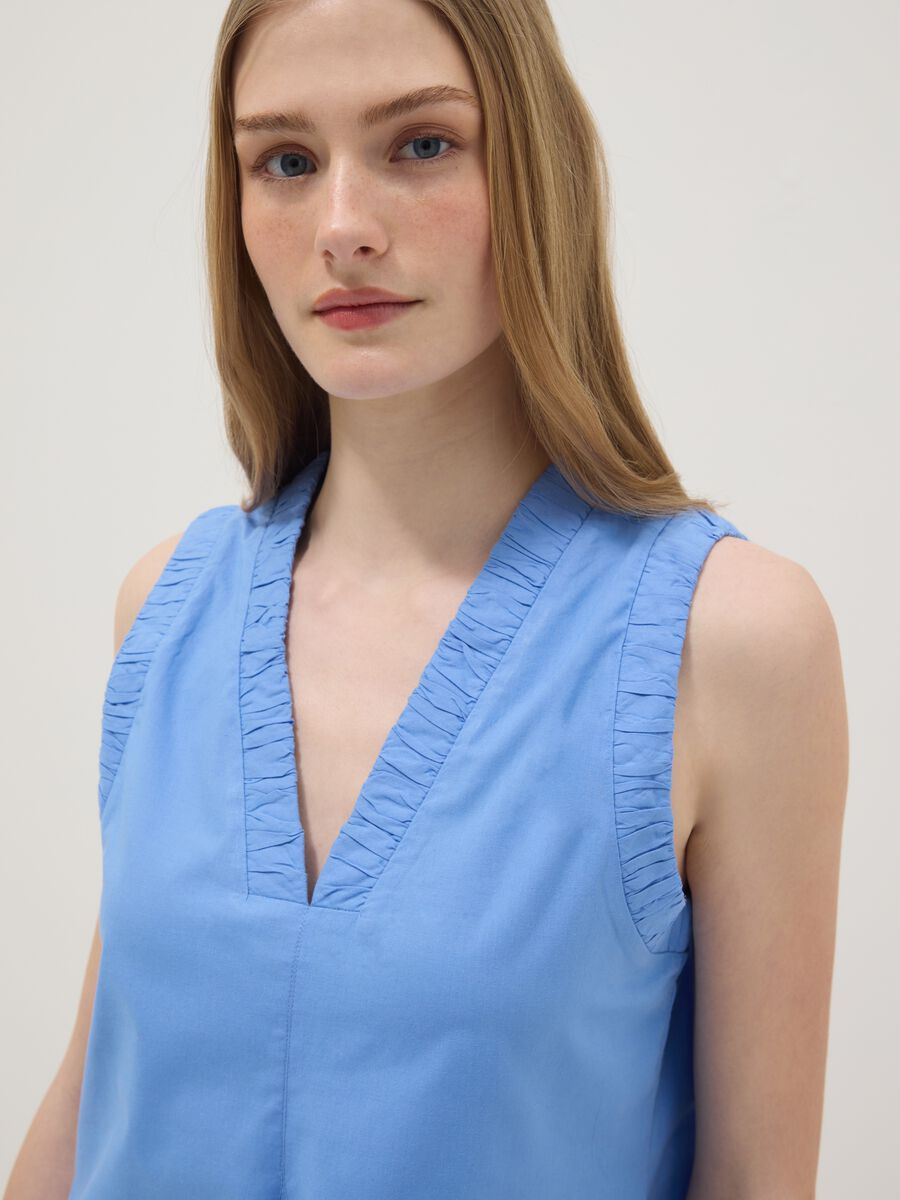 Light Blue Pure Cotton Regular Mini Dress with Ruched V-Neck_2