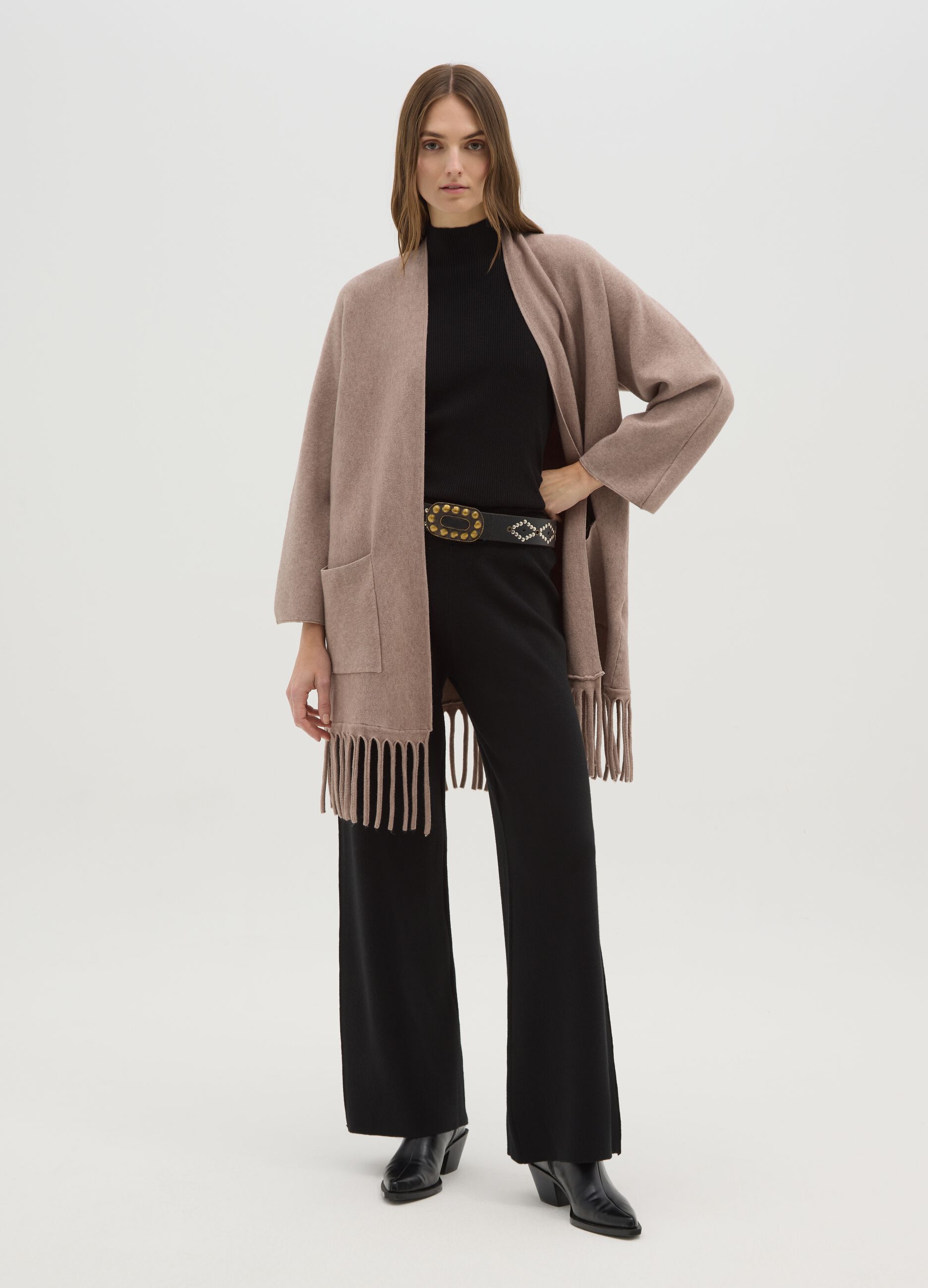 Long Beige Cardigan with Fringe Hem