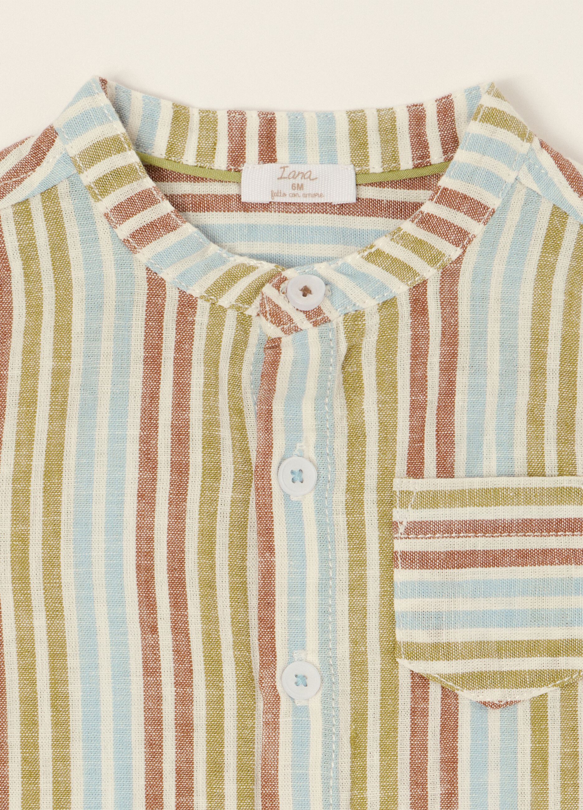 Baby regular-fit striped shirt with mandarin collar in cotton-linen blend