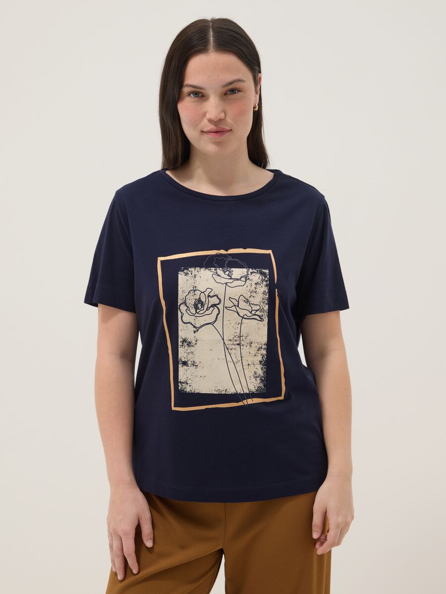 Blaues Kurzarm-T-Shirt aus reiner Baumwolle mit Print, Regular Fit_0