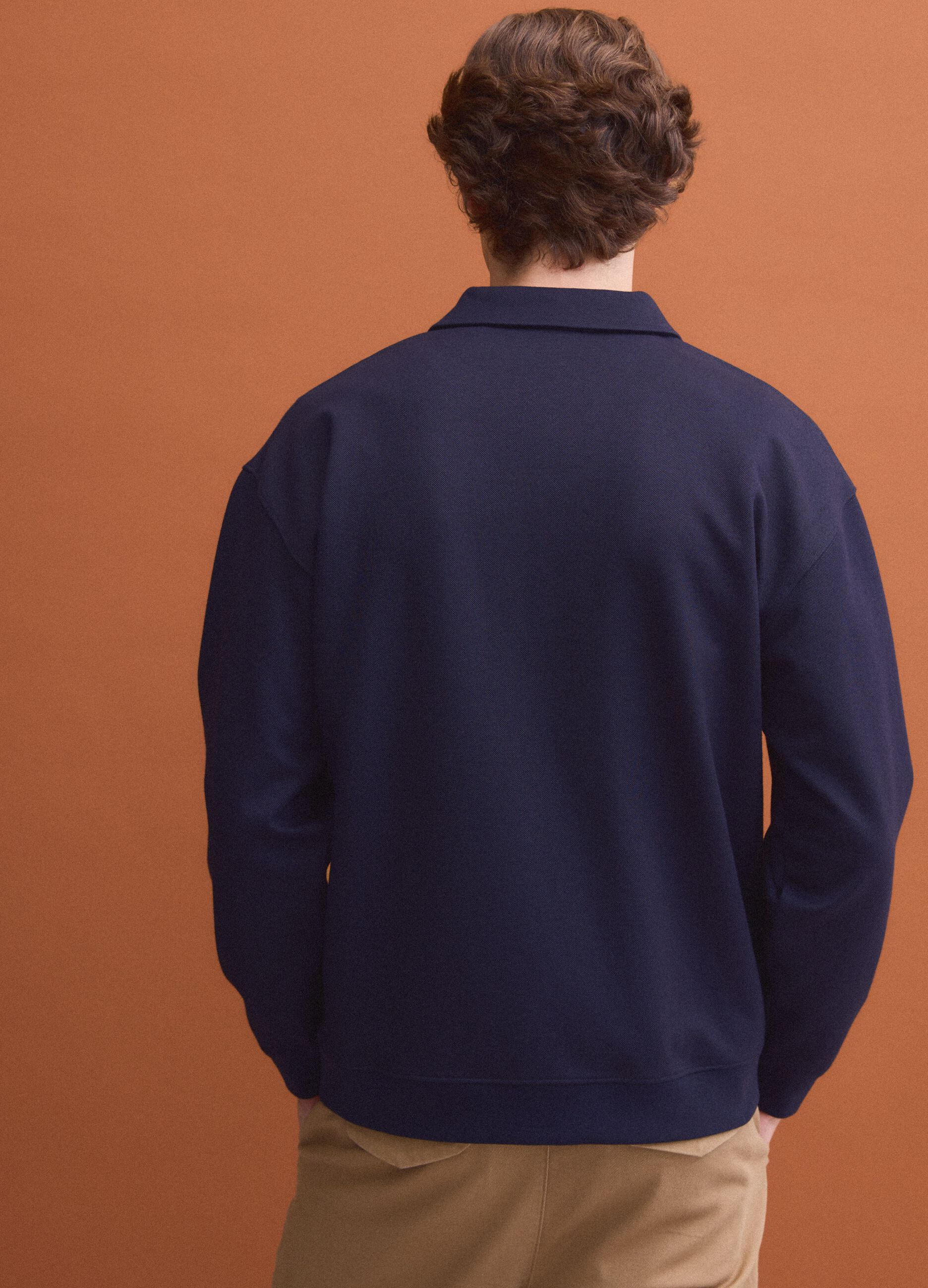 Navy stretch polo-collar sweatshirt with a relaxed fit