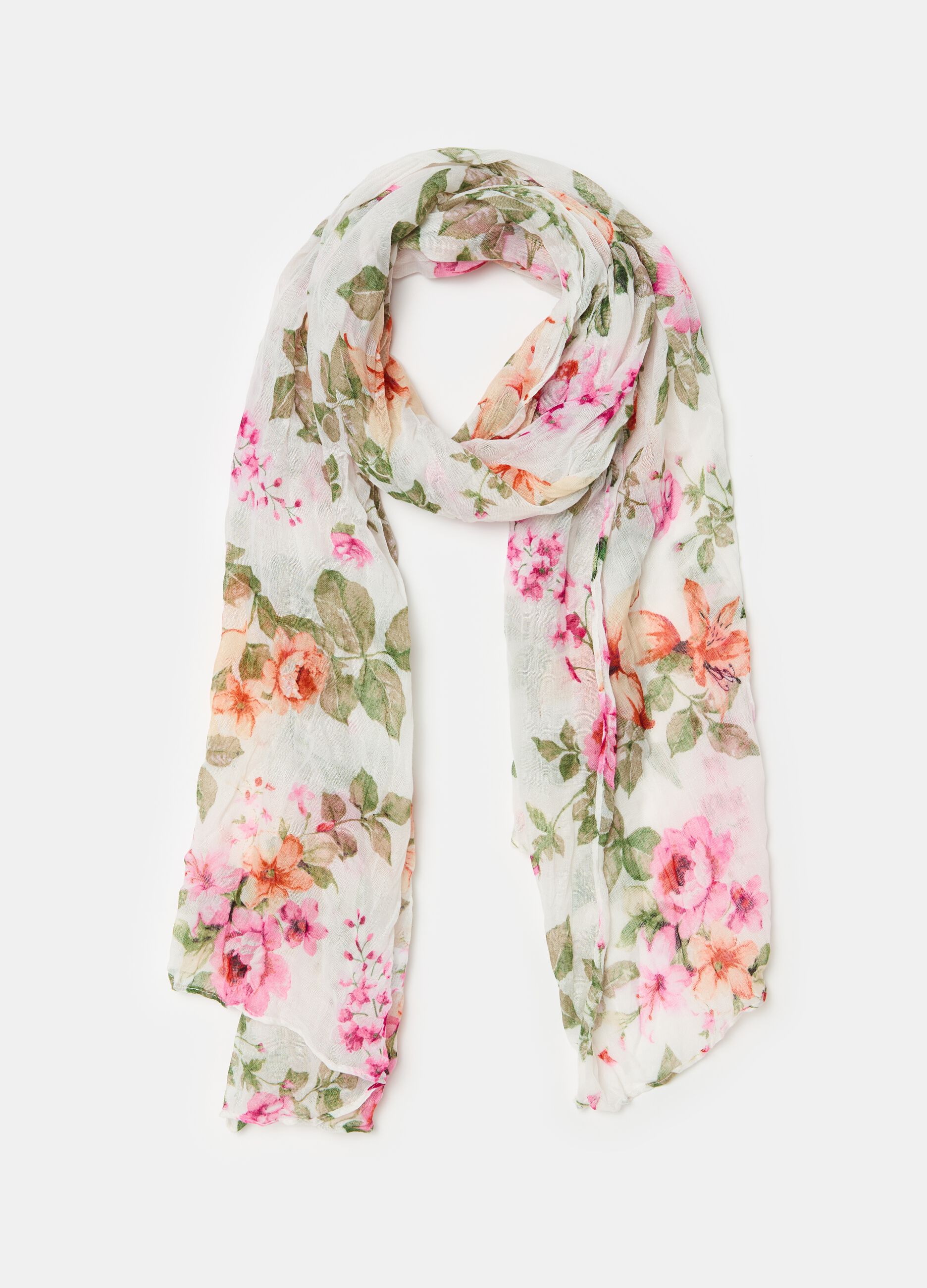 Crinkle-effect scarf with floral print