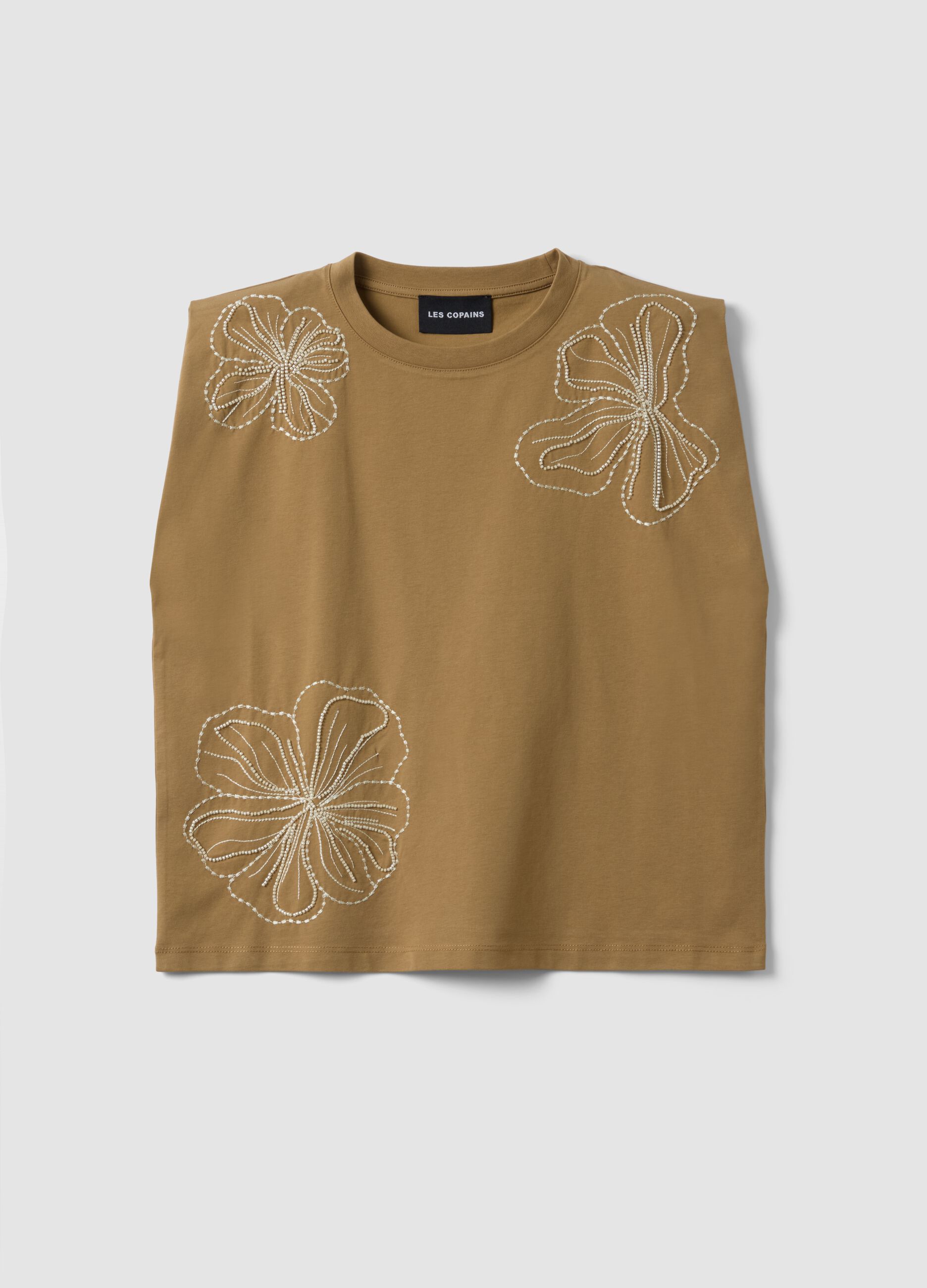 Brown cotton blend sleeveless T-shirt, regular fit with embroidery