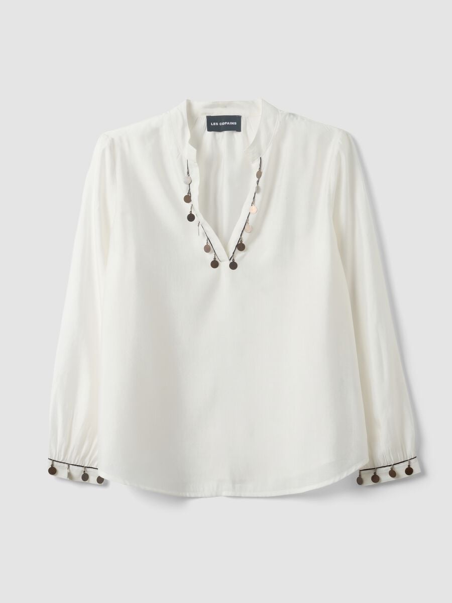 White viscose-blend shirt with charms and V-neck regular fit_0