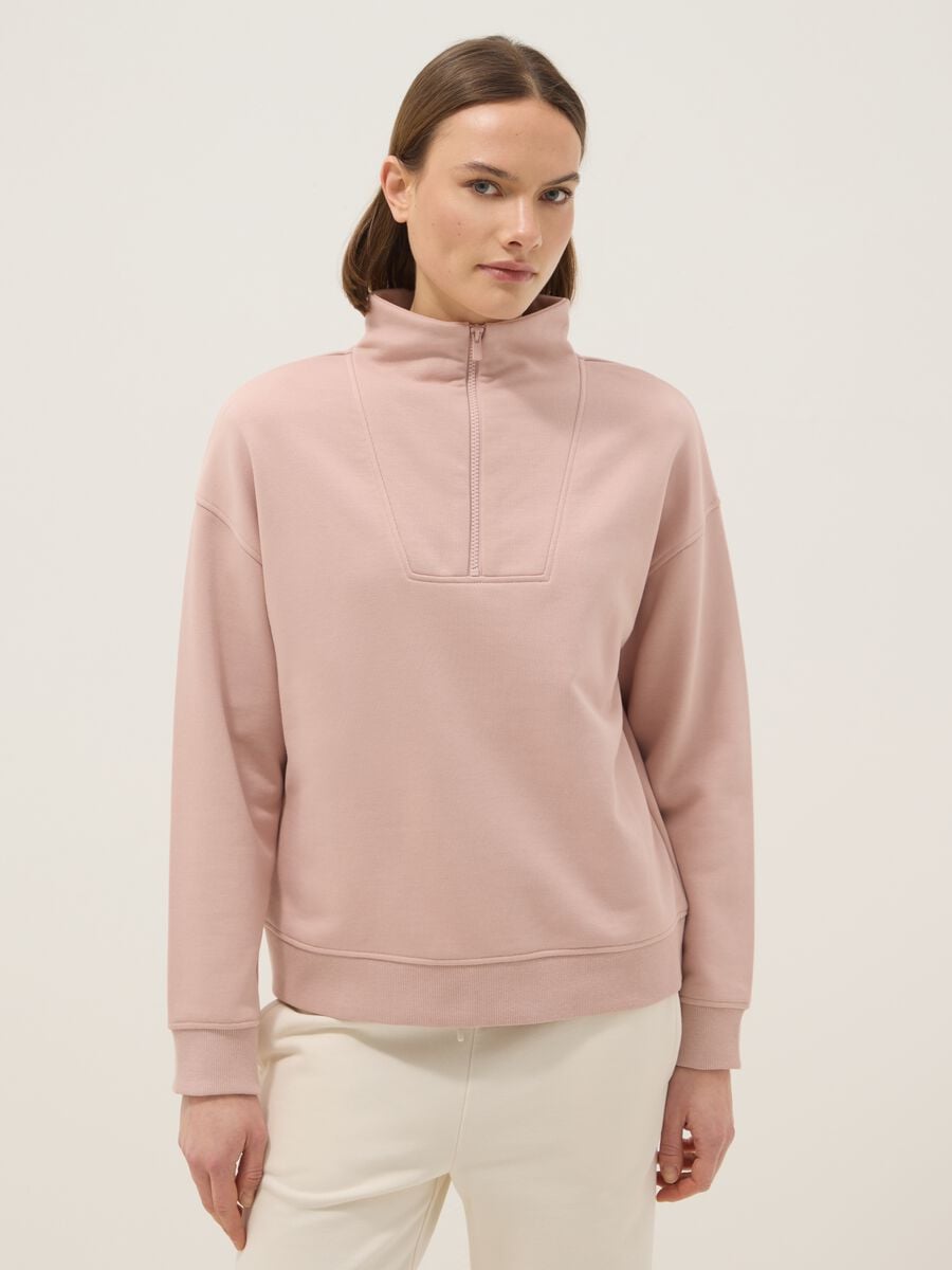 Sudadera rosa de mezcla de algod&oacute;n corte regular con media cremallera y cuello alto_0