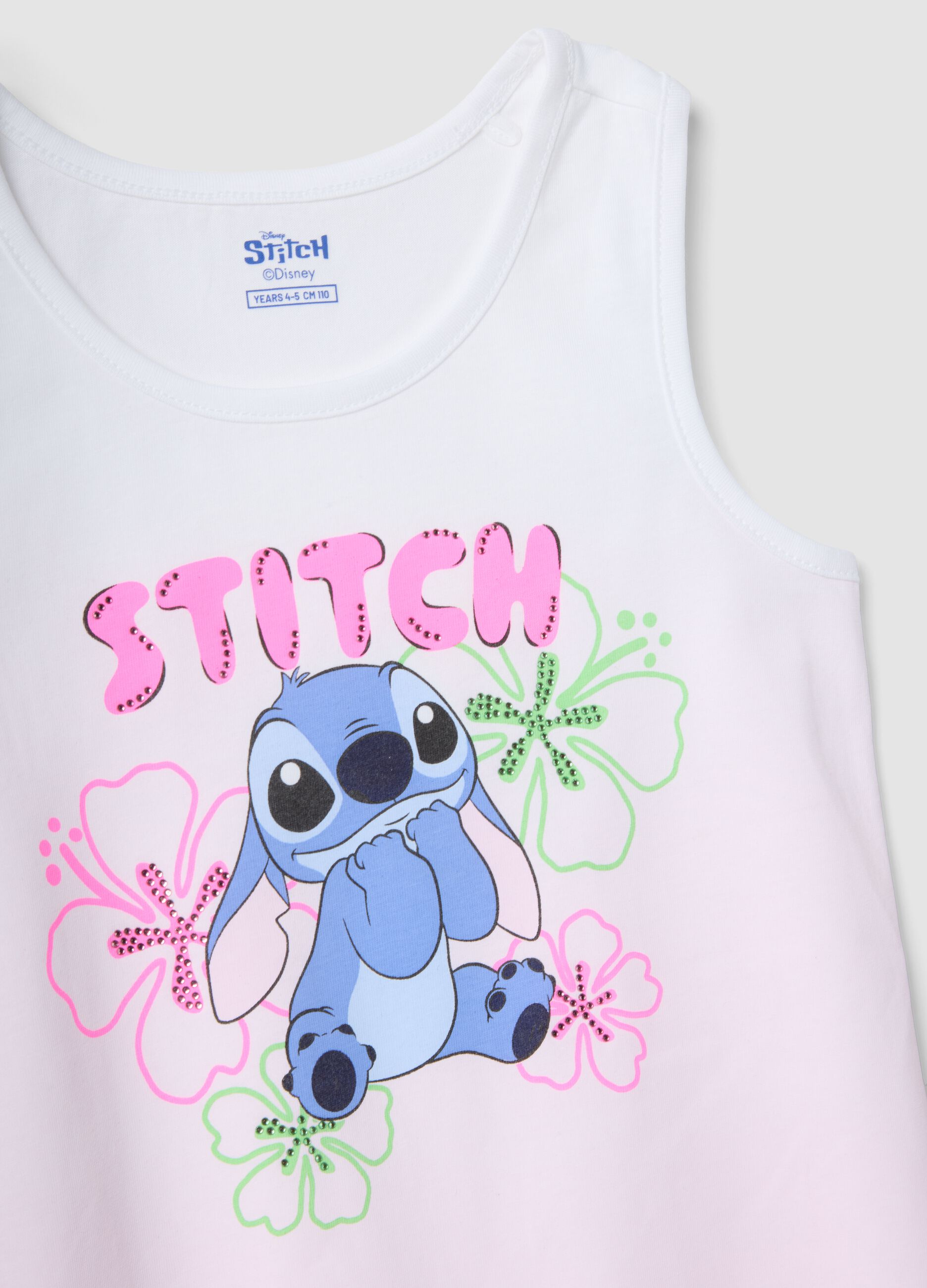 White and pink pure cotton girls&rsquo; vest top with fringes and Stitch