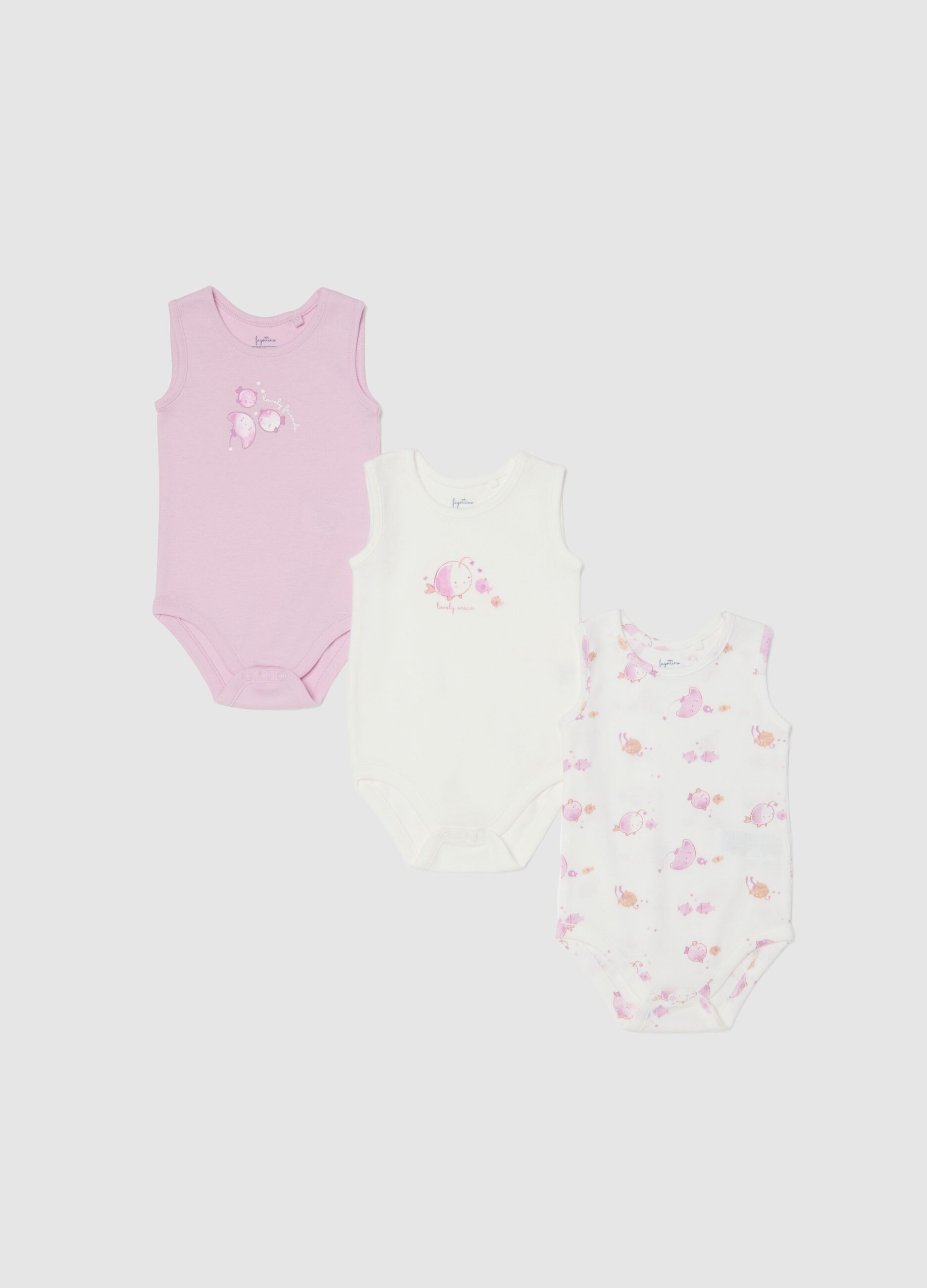 Newborn girls' multicolour pure cotton bodysuit tripack with designs