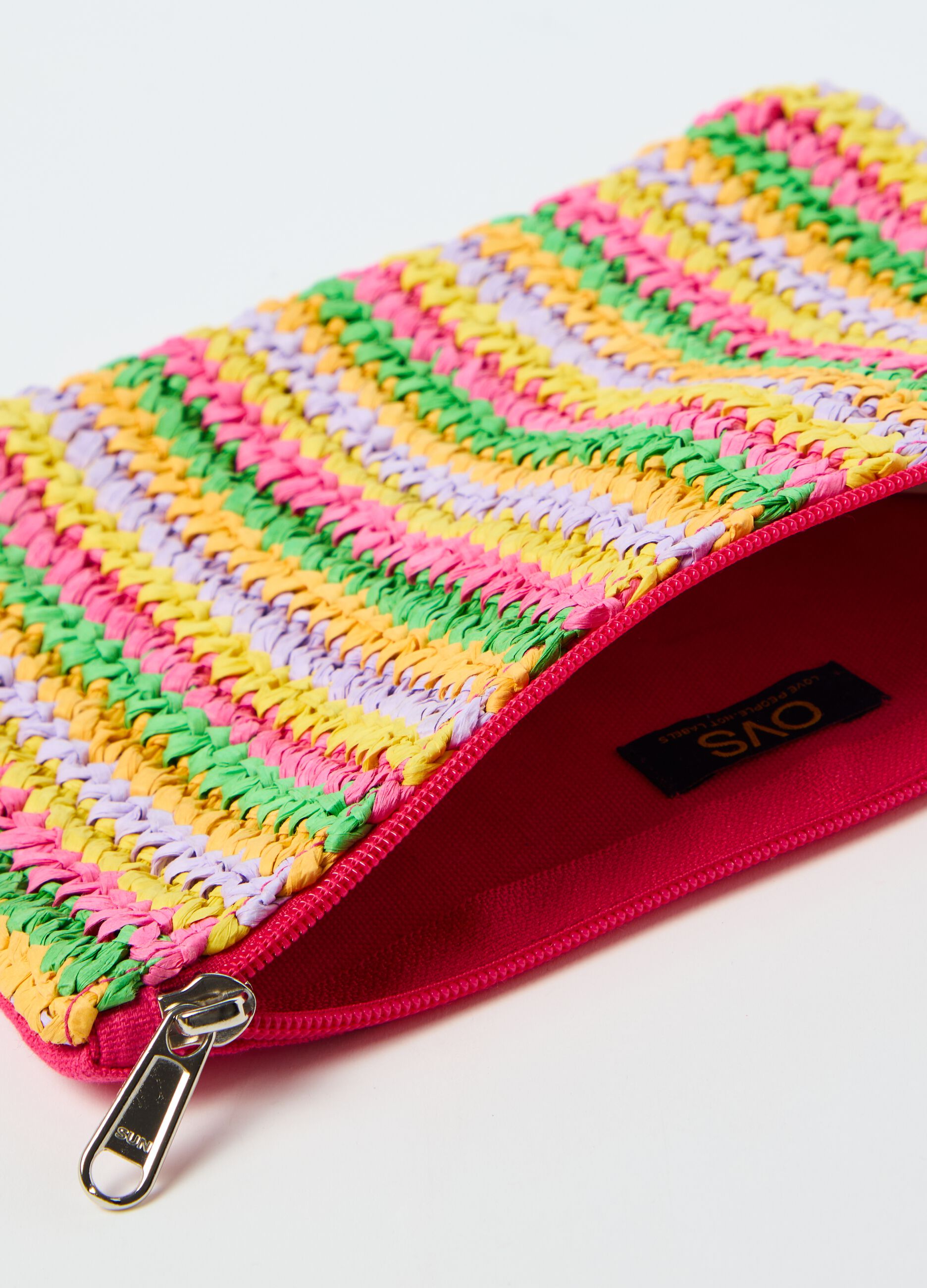 Multicoloured striped raffia clutch bag