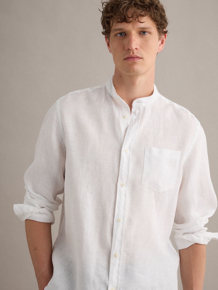 White pure linen shirt with band collar_0