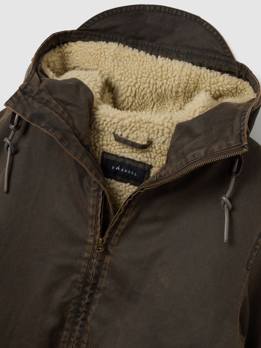 Brown cotton blend regular fit heavy parka jacket with zip_5