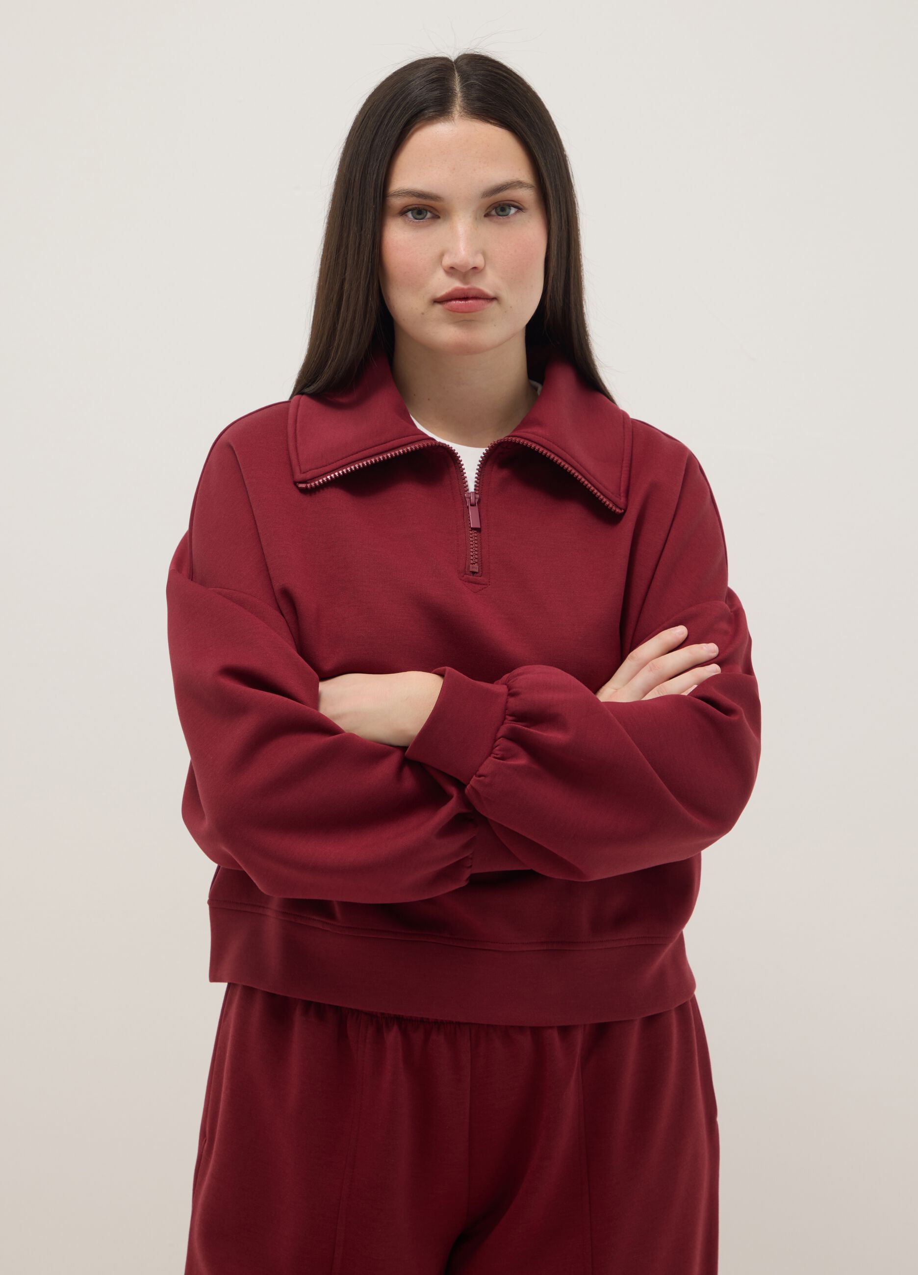 Red regular fit sweatshirt with fold-over collar and half zip