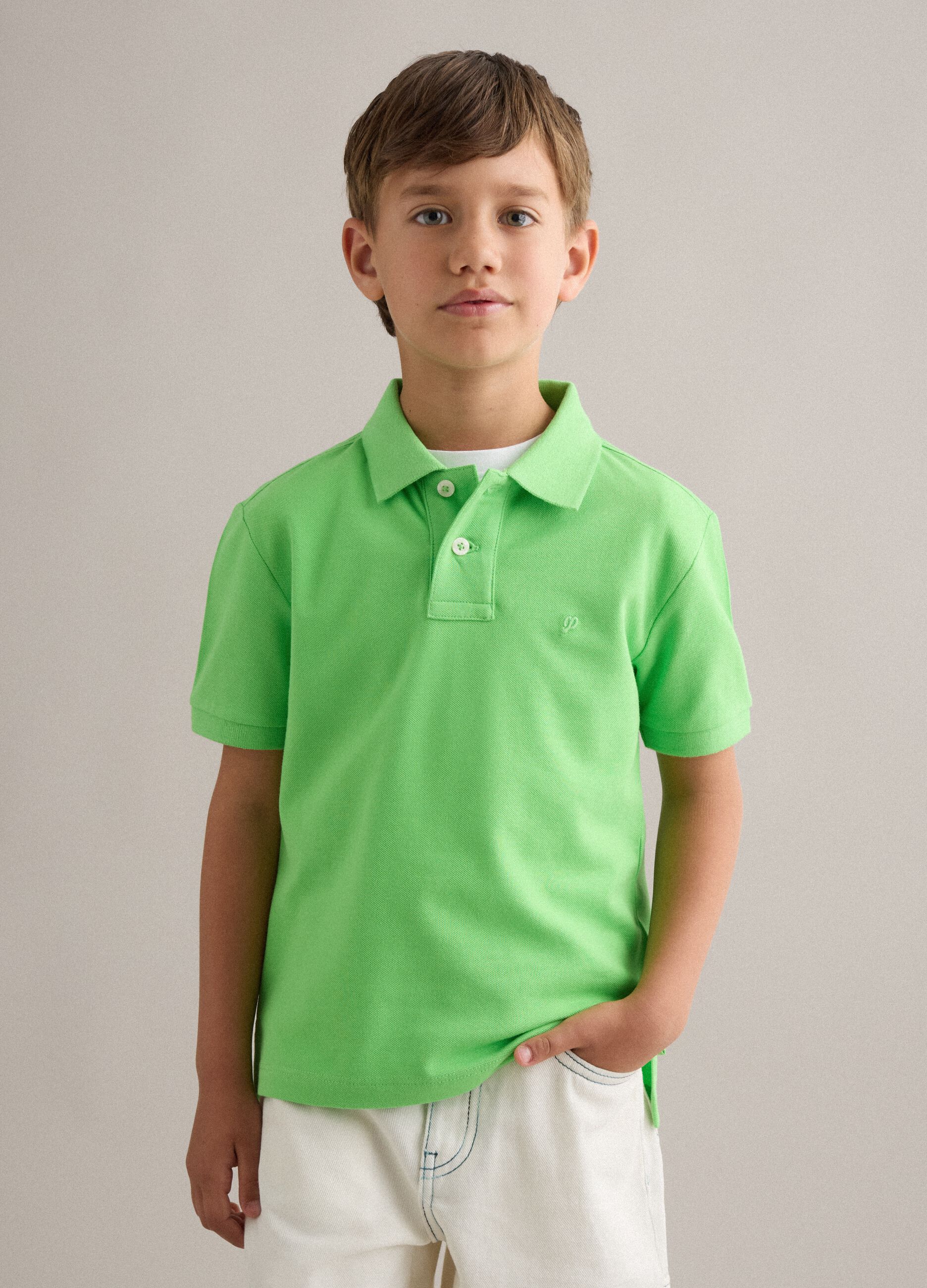 Boys' Green Stretch Cotton Polo Regular Fit