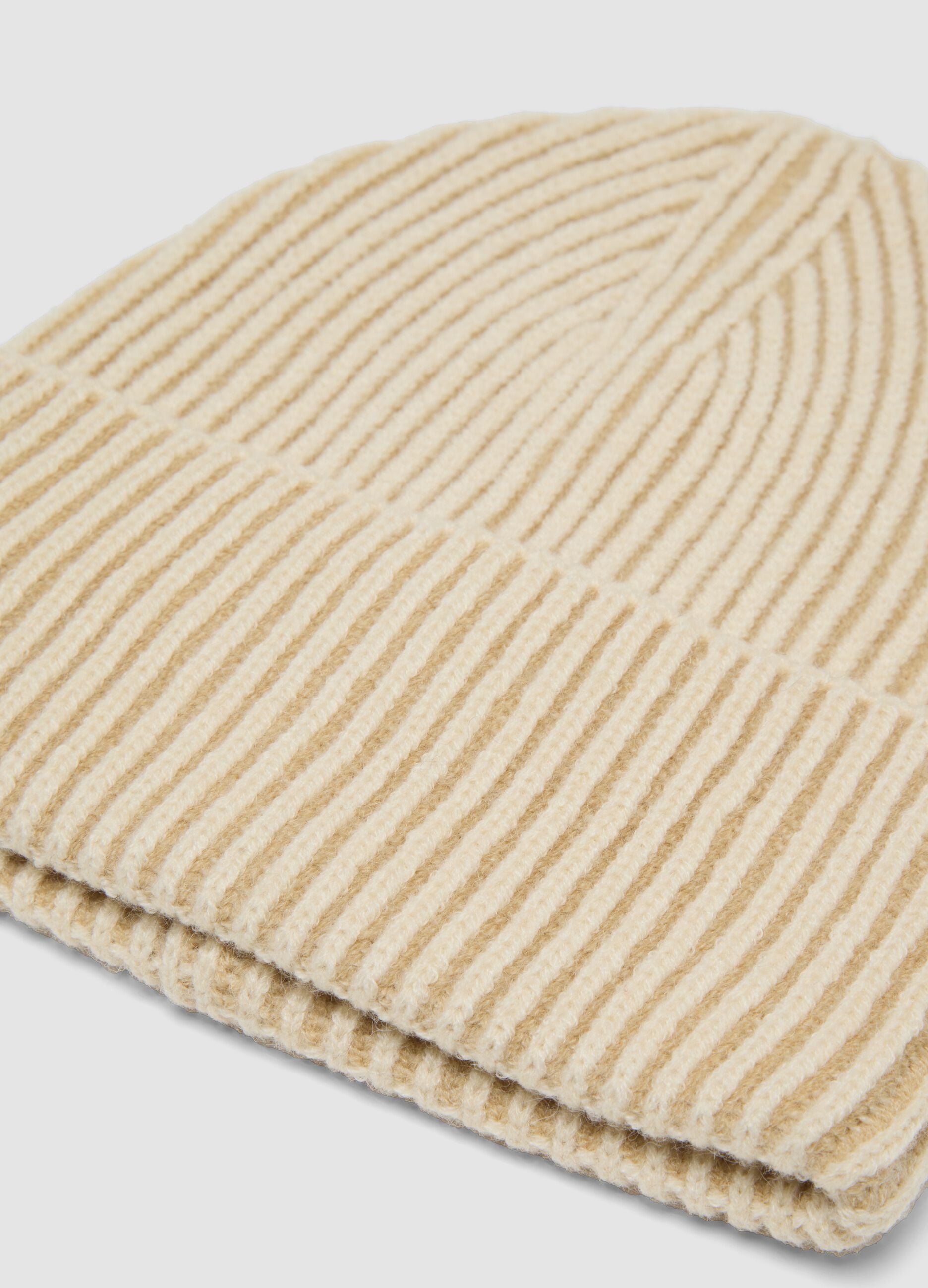 Beige ribbed knit beanie with turn-up