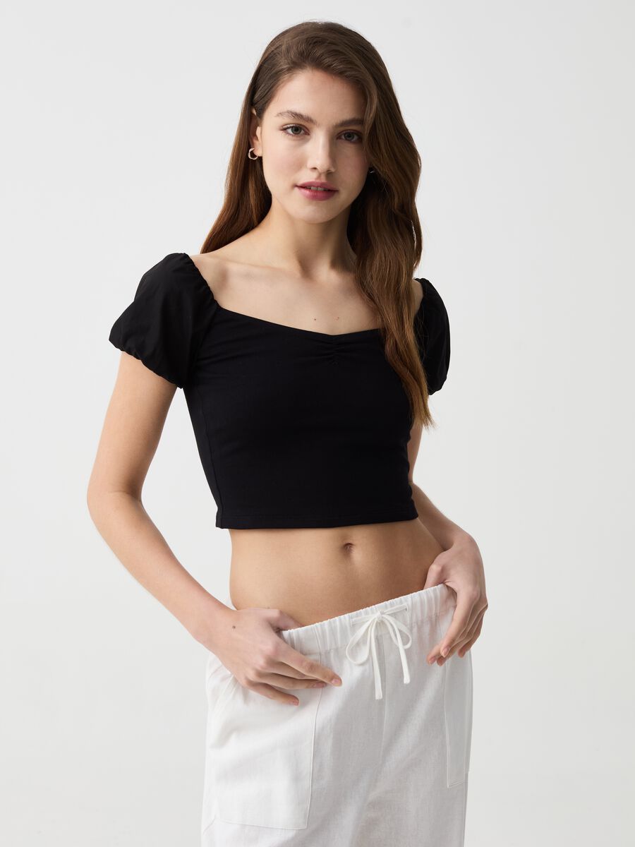 Crop T-shirt with puff sleeves_0