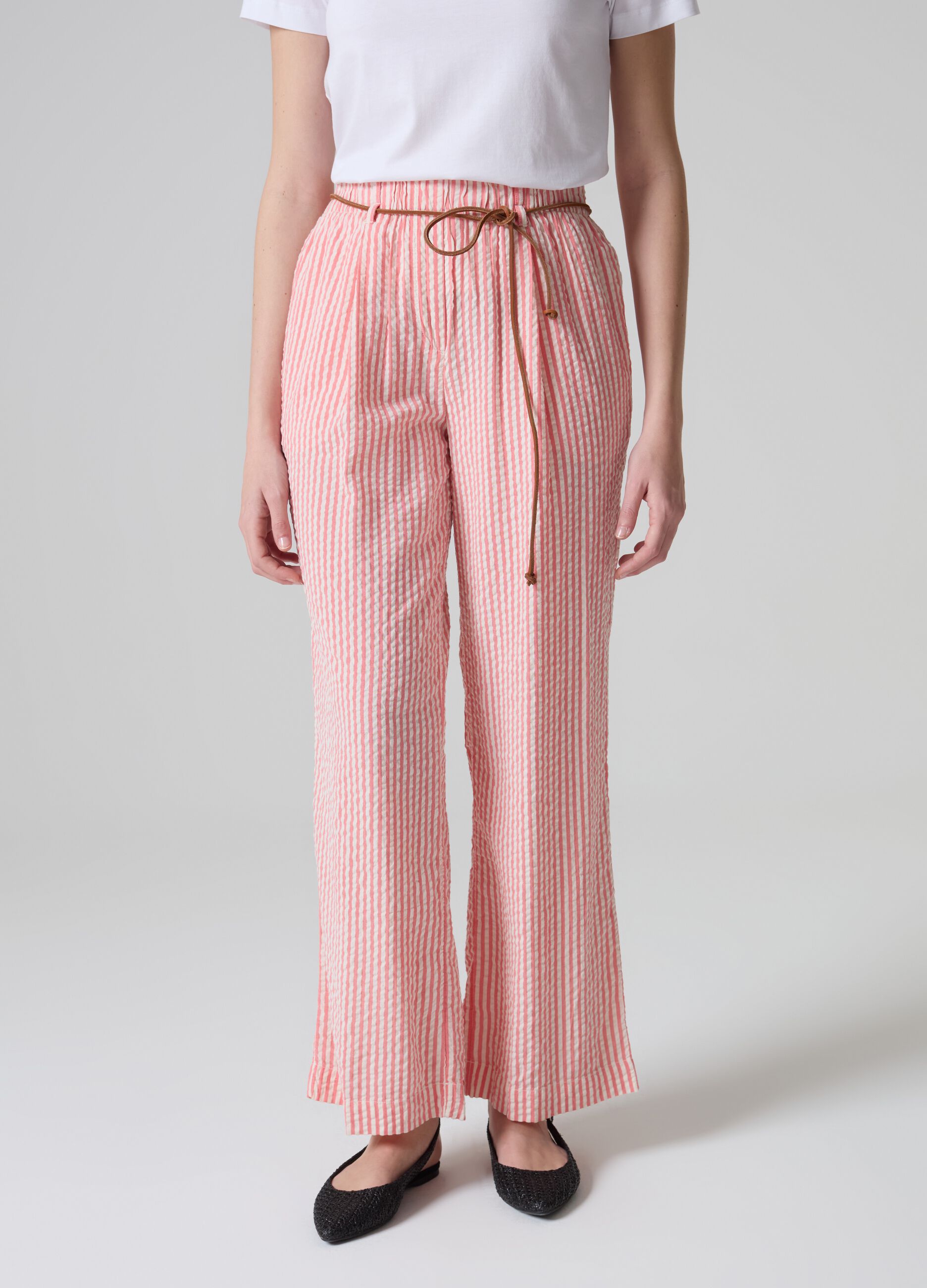 Striped seersucker trousers with belt