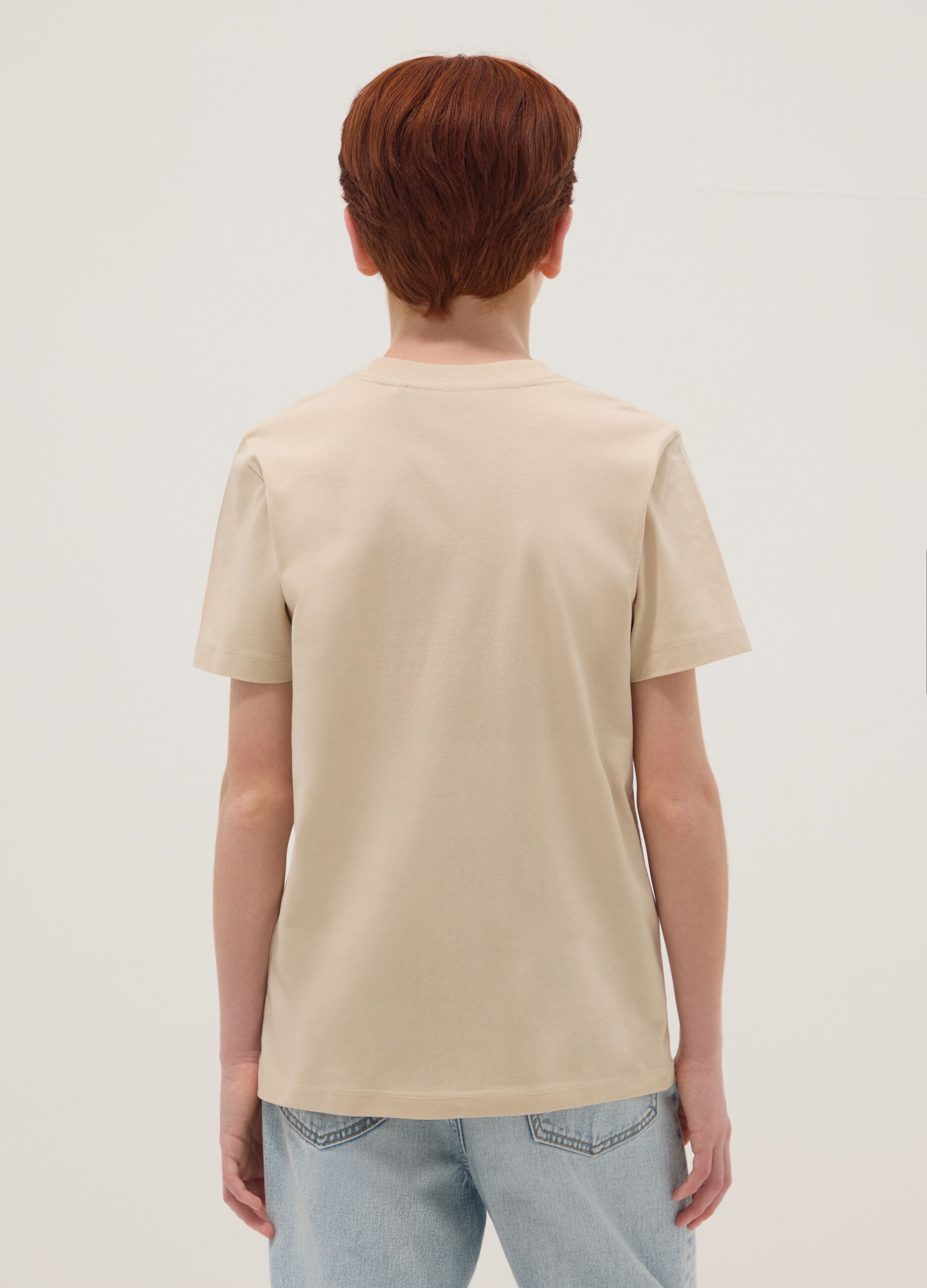 Beige pure cotton regular-fit boys&rsquo; T-shirt with prints