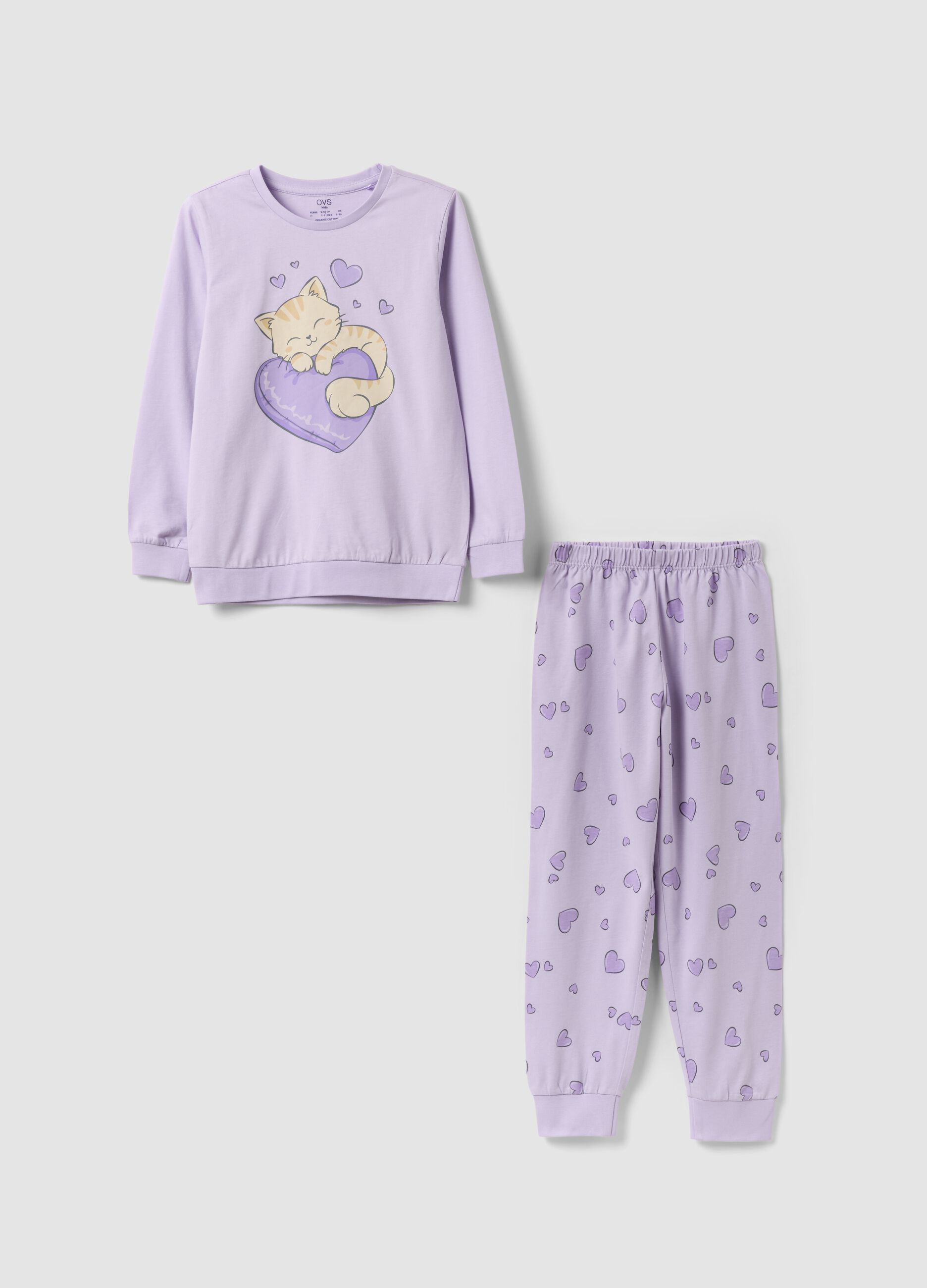 Lila Pyjama aus reiner Bio-Baumwolle mit Herz-Print f&uuml;r M&auml;dchen