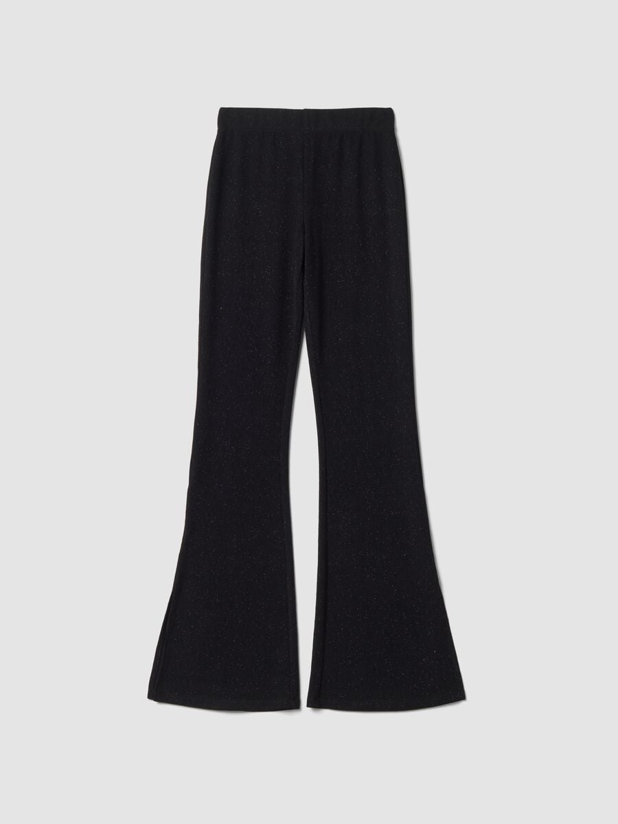Pantaloni neri in tessuto elasticizzato a zampa slim fit con glitter_0