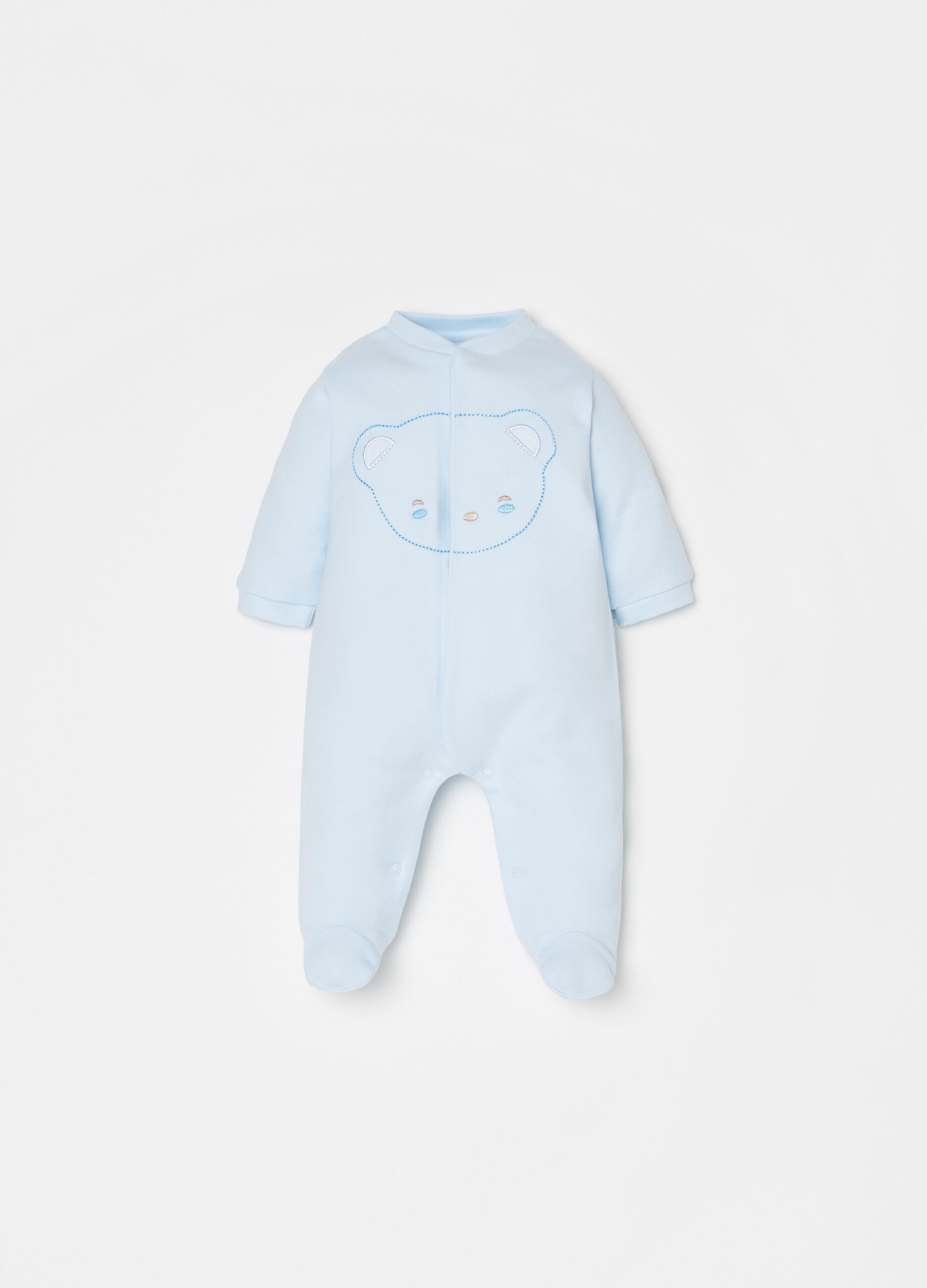 Cotton onesie with feet and teddy bear embroidery
