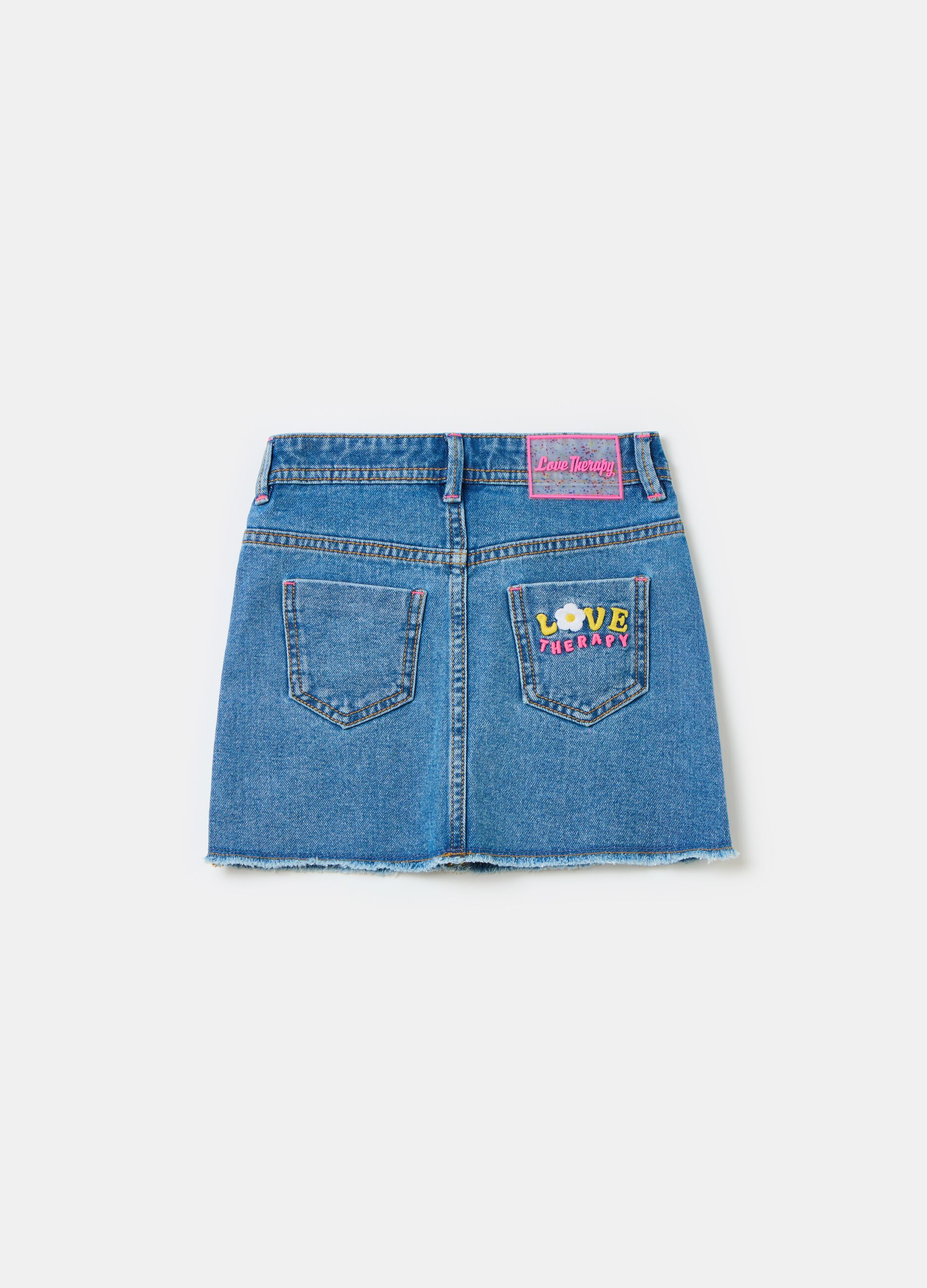 Denim miniskirt with fruit embroidery