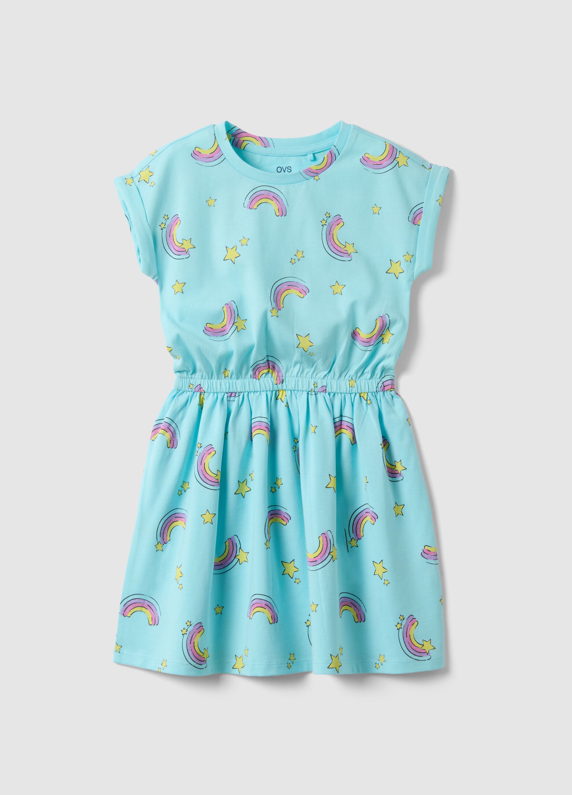 Blue pure cotton dress for girls regular fit with rainbows
