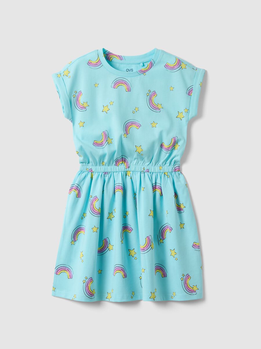 Blue pure cotton dress for girls regular fit with rainbows_0