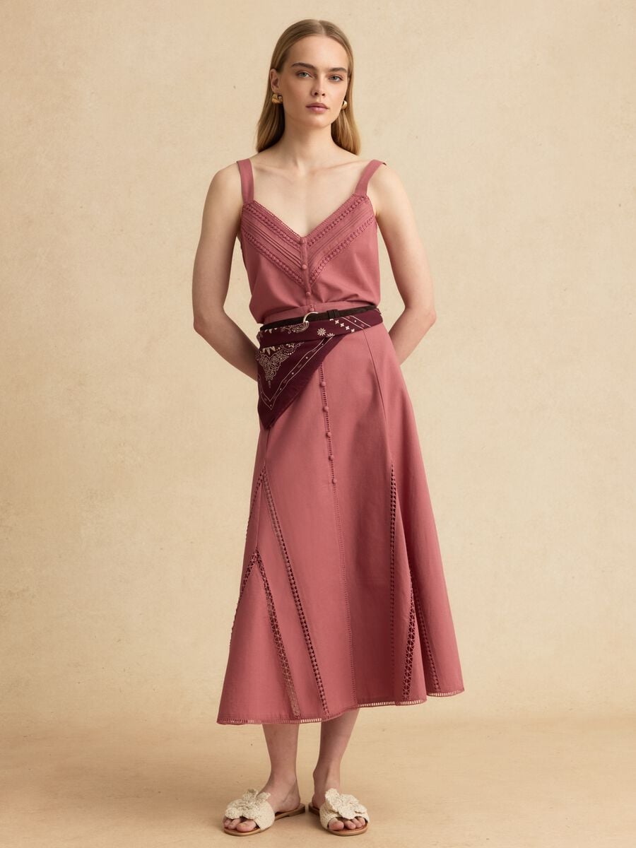 Pink cotton-linen blend skirt with openwork detailing_0
