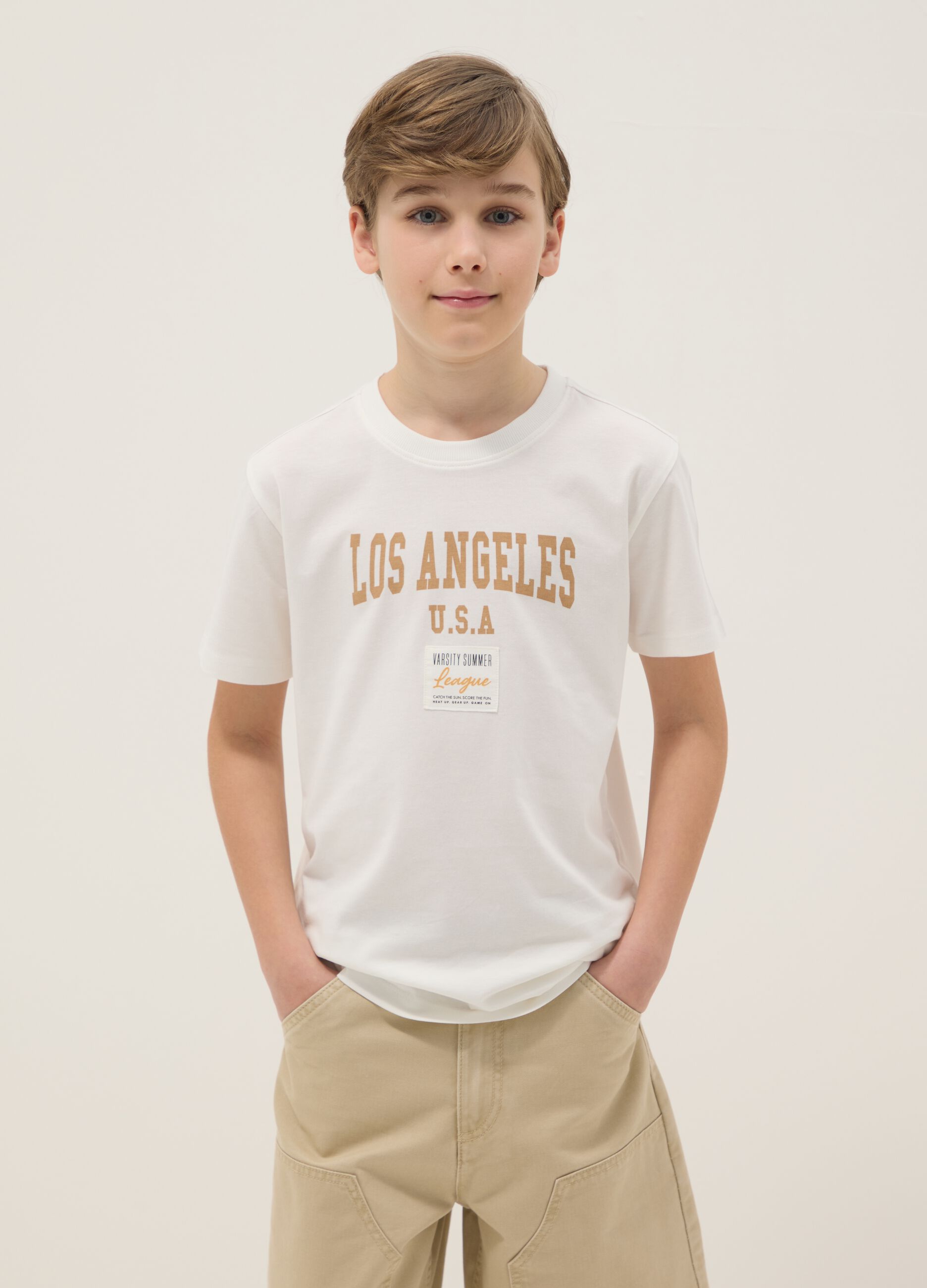 White pure cotton boy's t-shirt regular fit with print