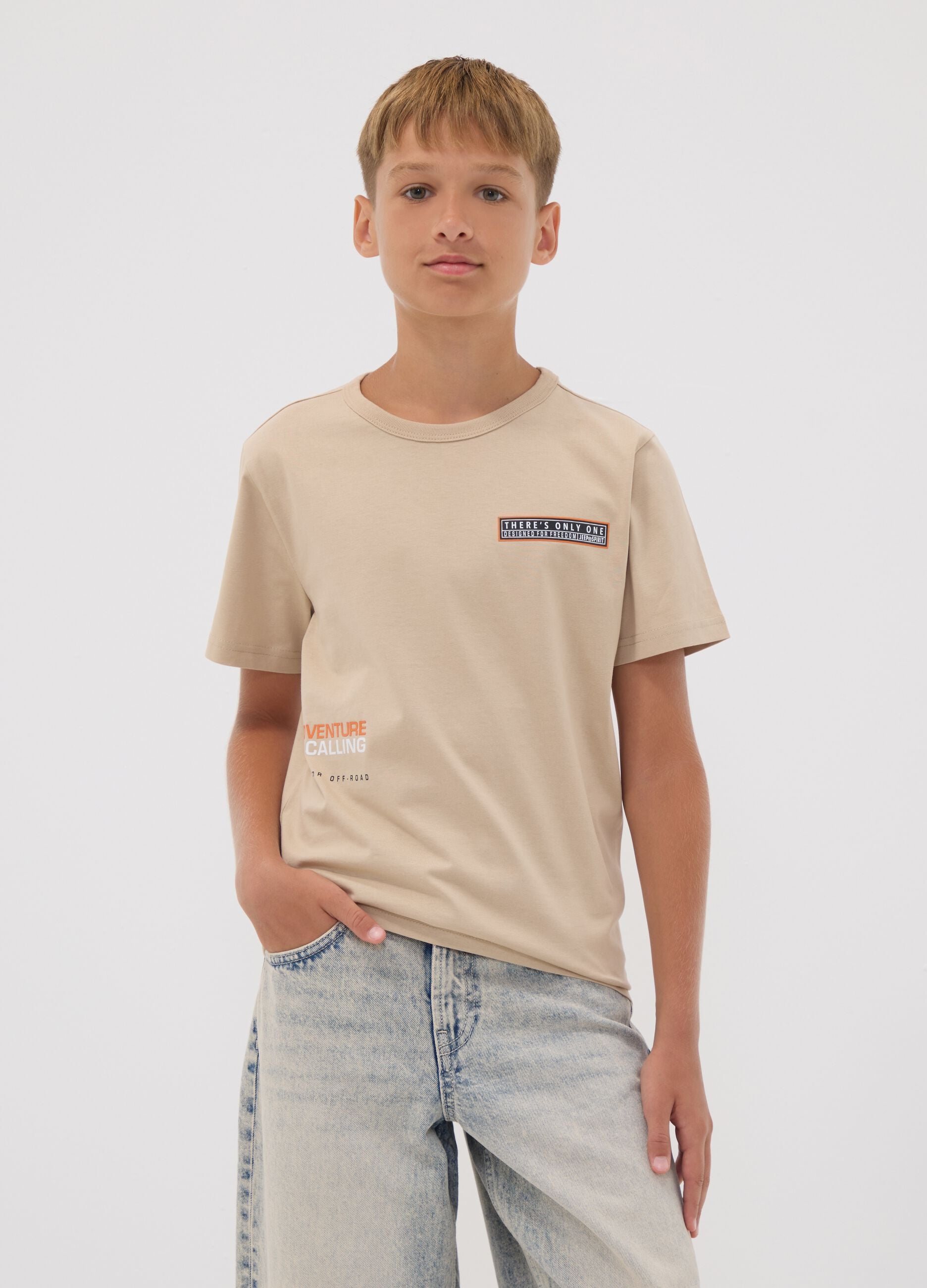 T-shirt beige 100 % coton avec imprim&eacute; devant et dos