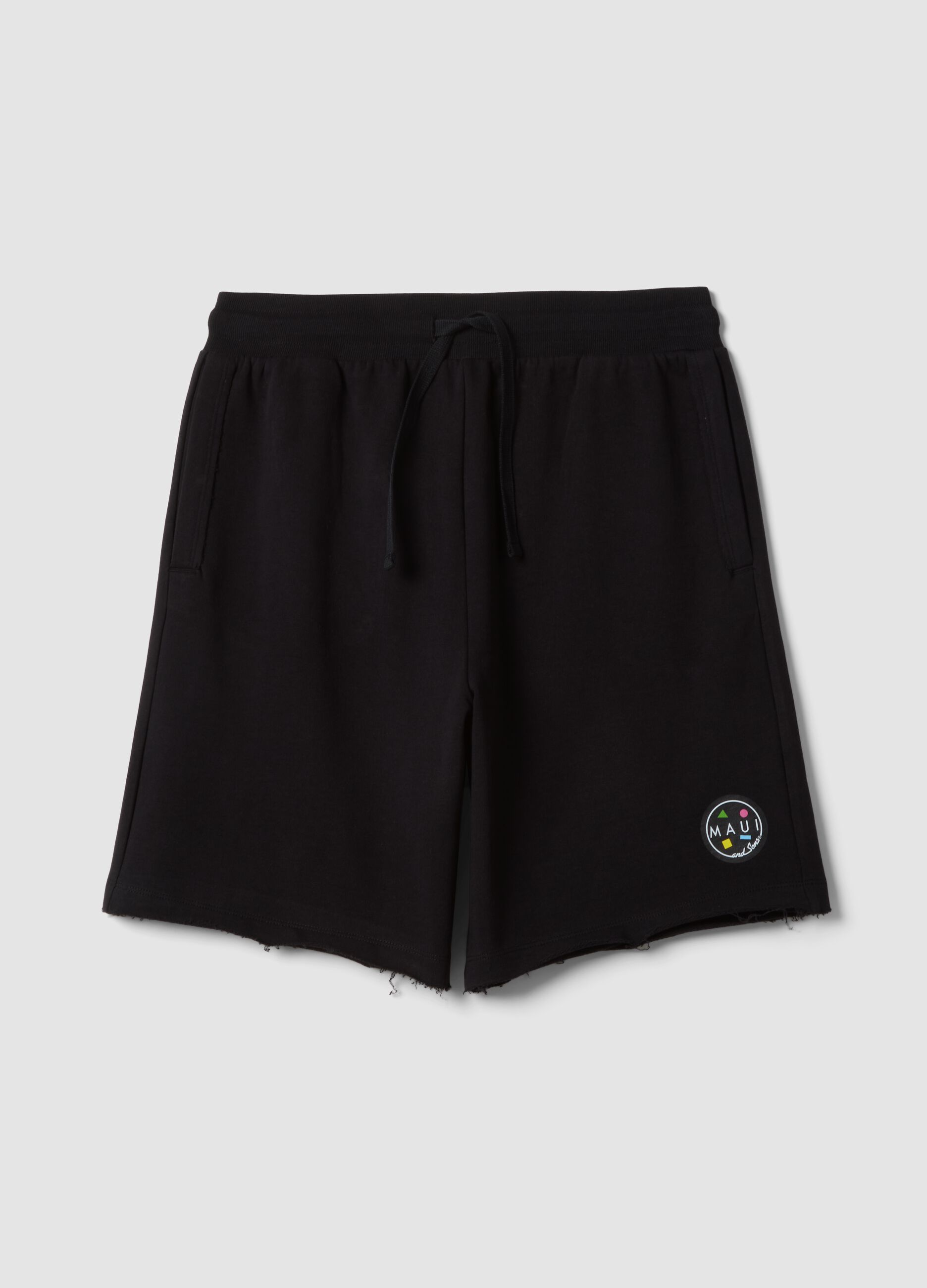 Black pure cotton relaxed-fit Bermuda shorts with raw-cut hems