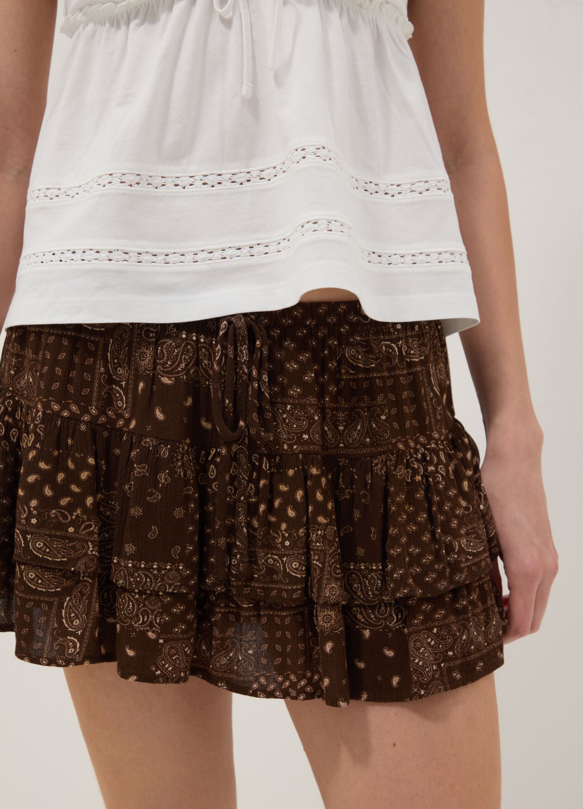 Brown pure viscose mini skirt with ruffles