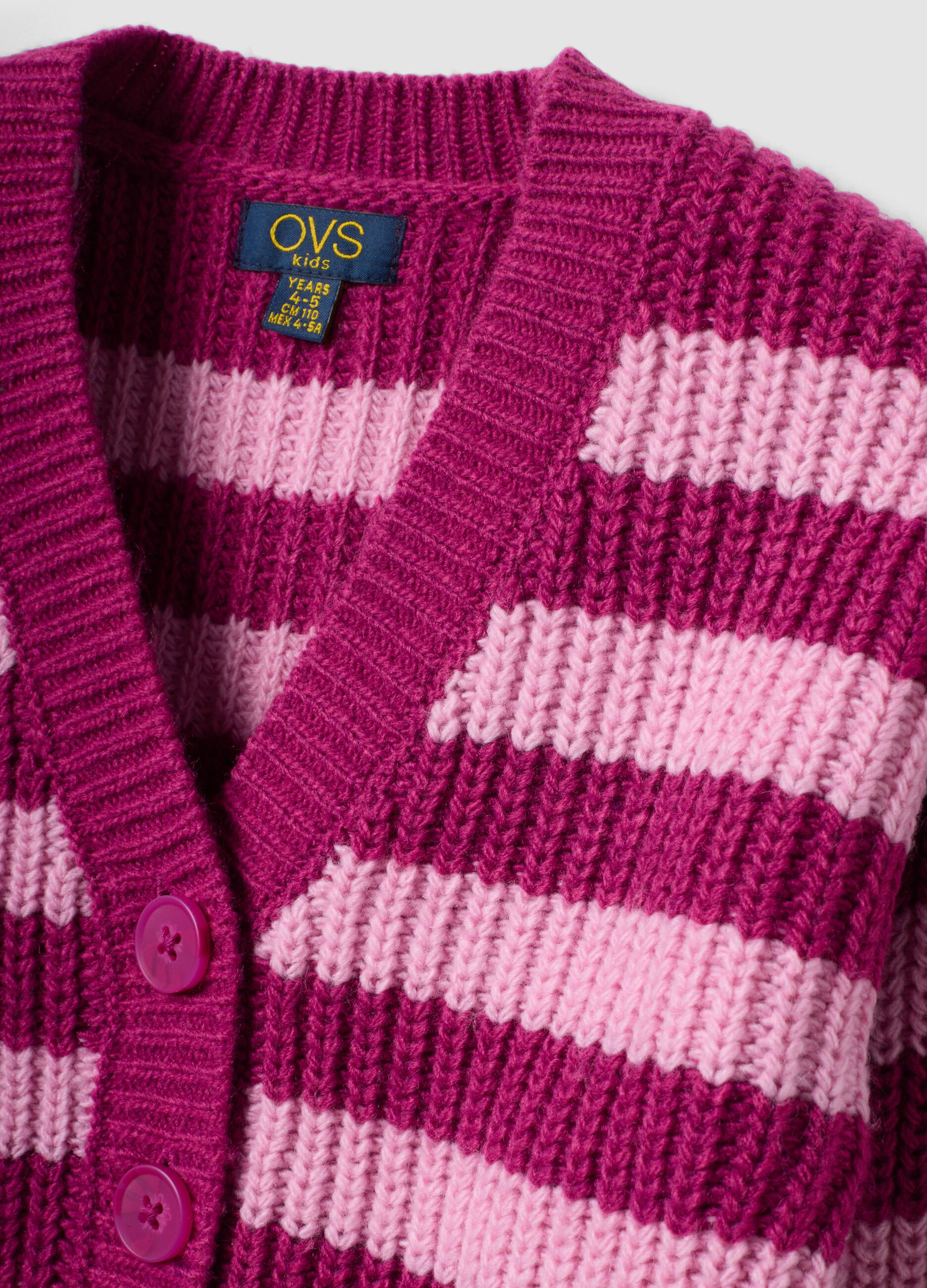 Lila gestreifte Strickjacke mit Rundhalsausschnitt f&uuml;r M&auml;dchen