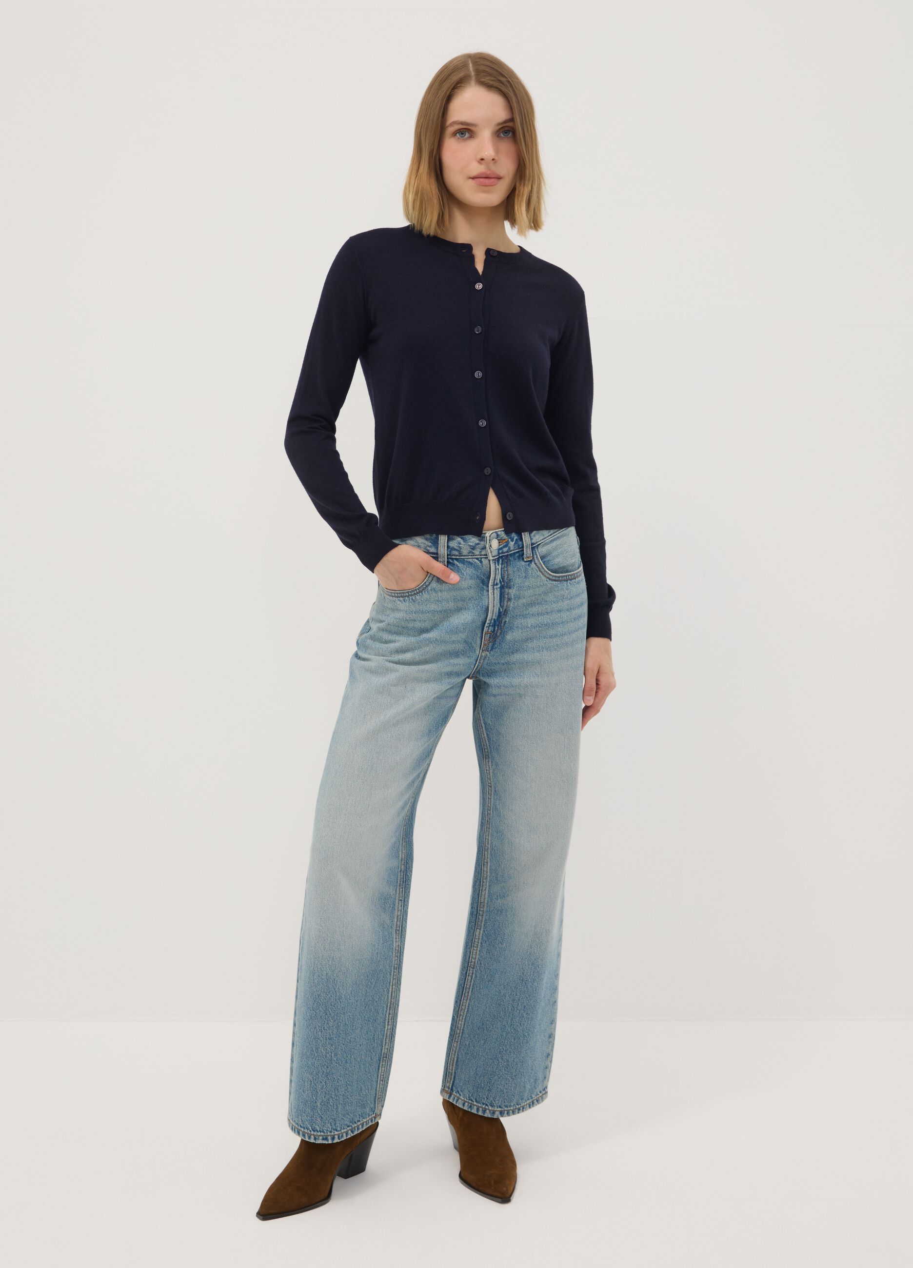 Navy wool-blend crew-neck cardigan