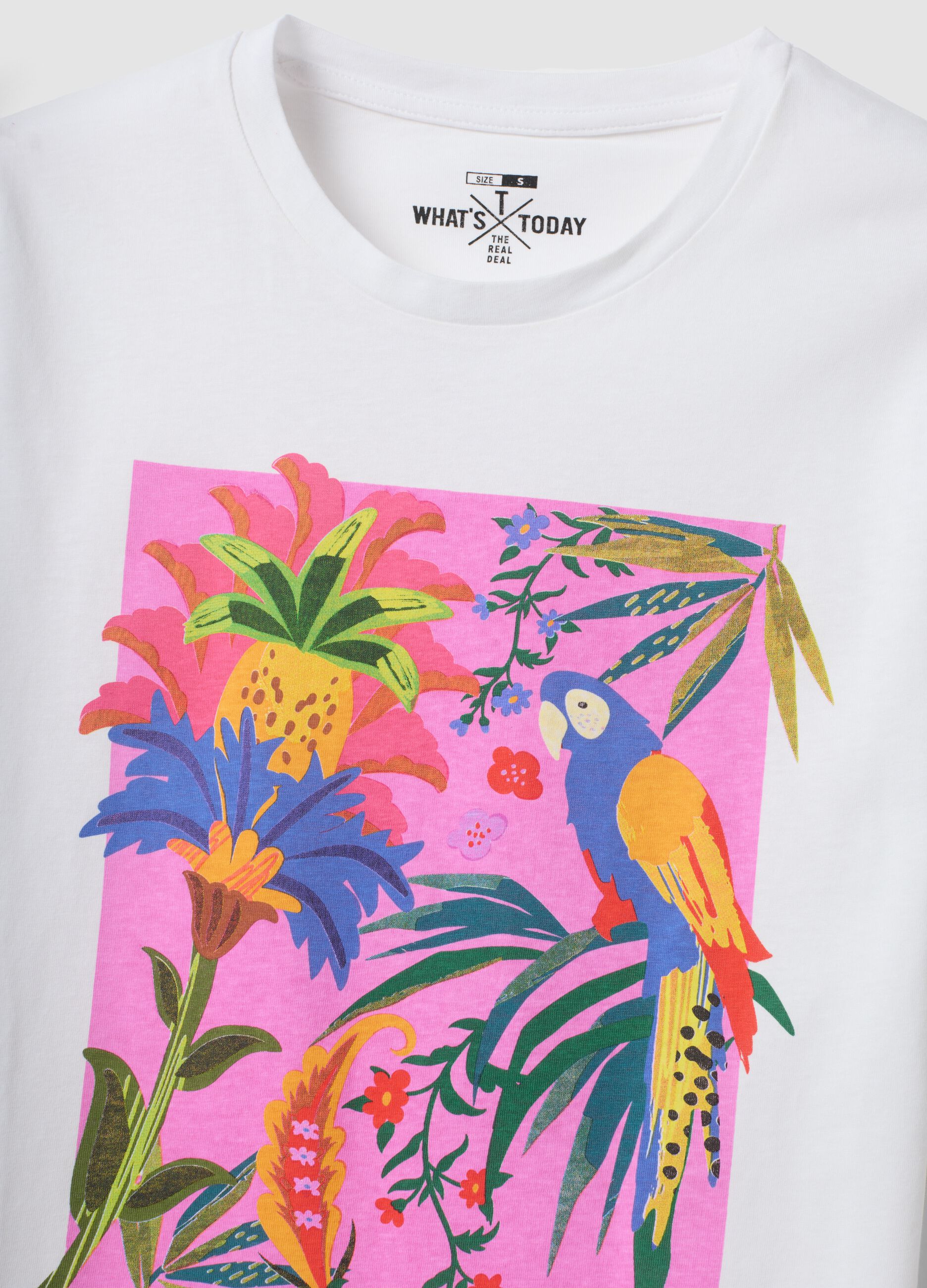 White pure cotton T-shirt with tropical print