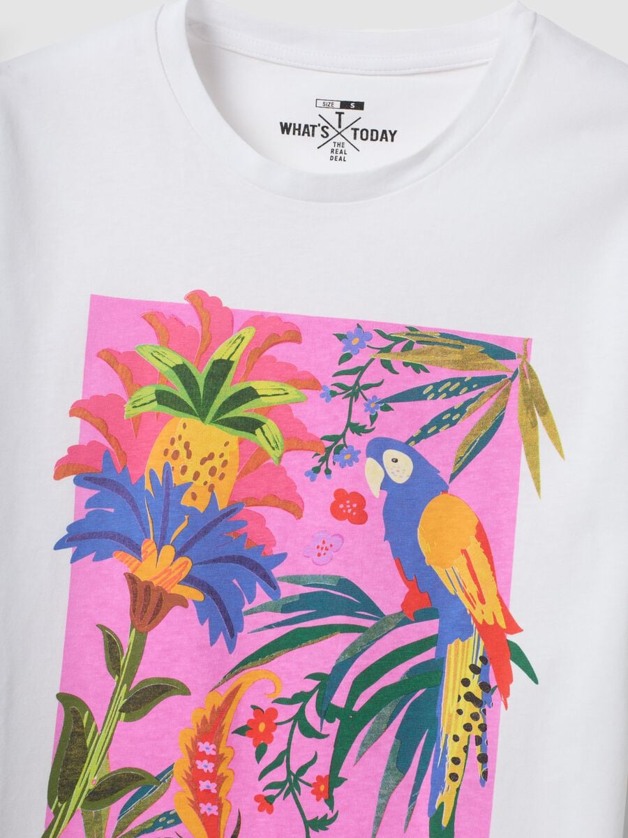 White pure cotton T-shirt with tropical print_1
