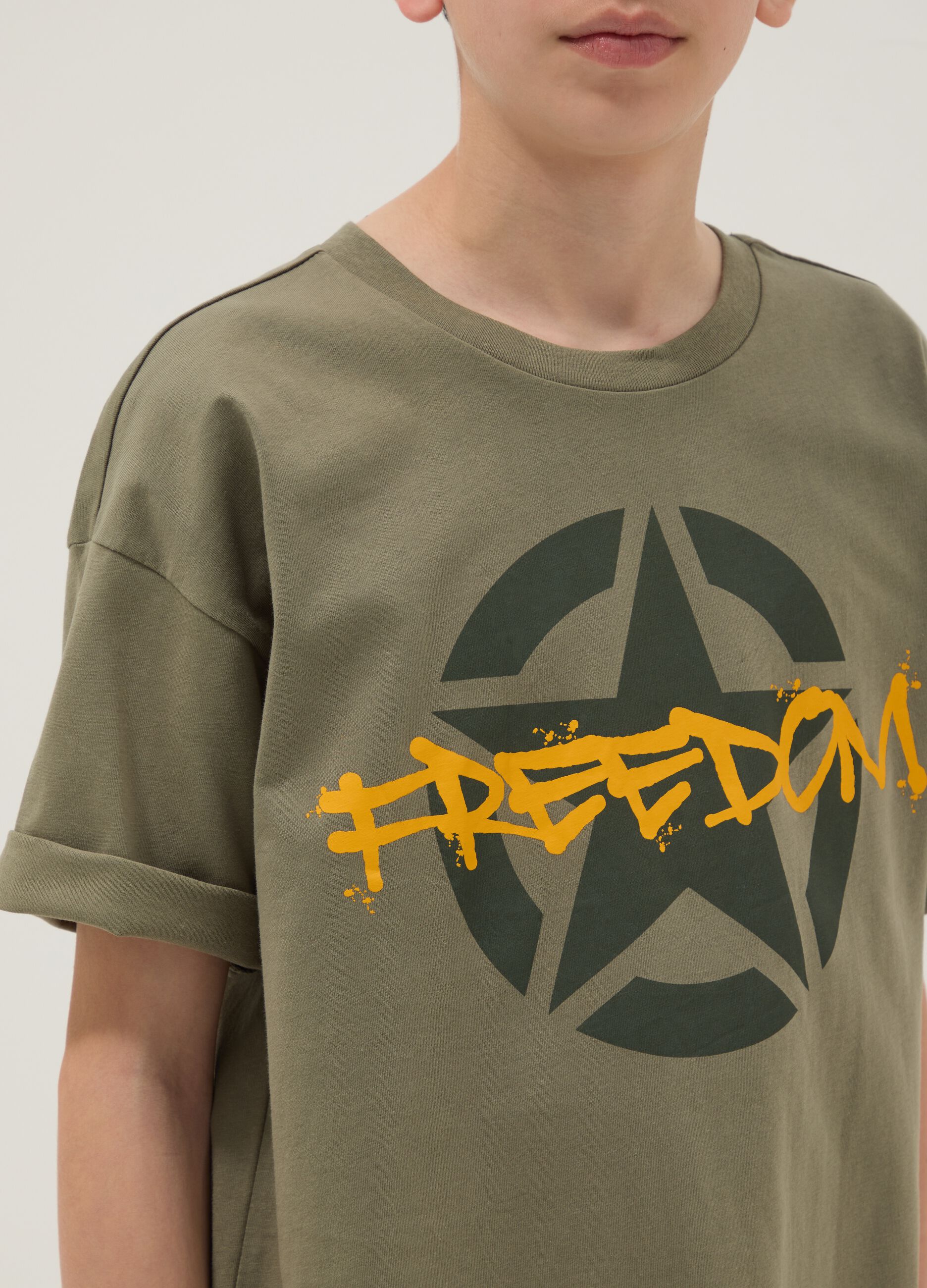 Kids' green pure cotton regular fit T-shirt with print