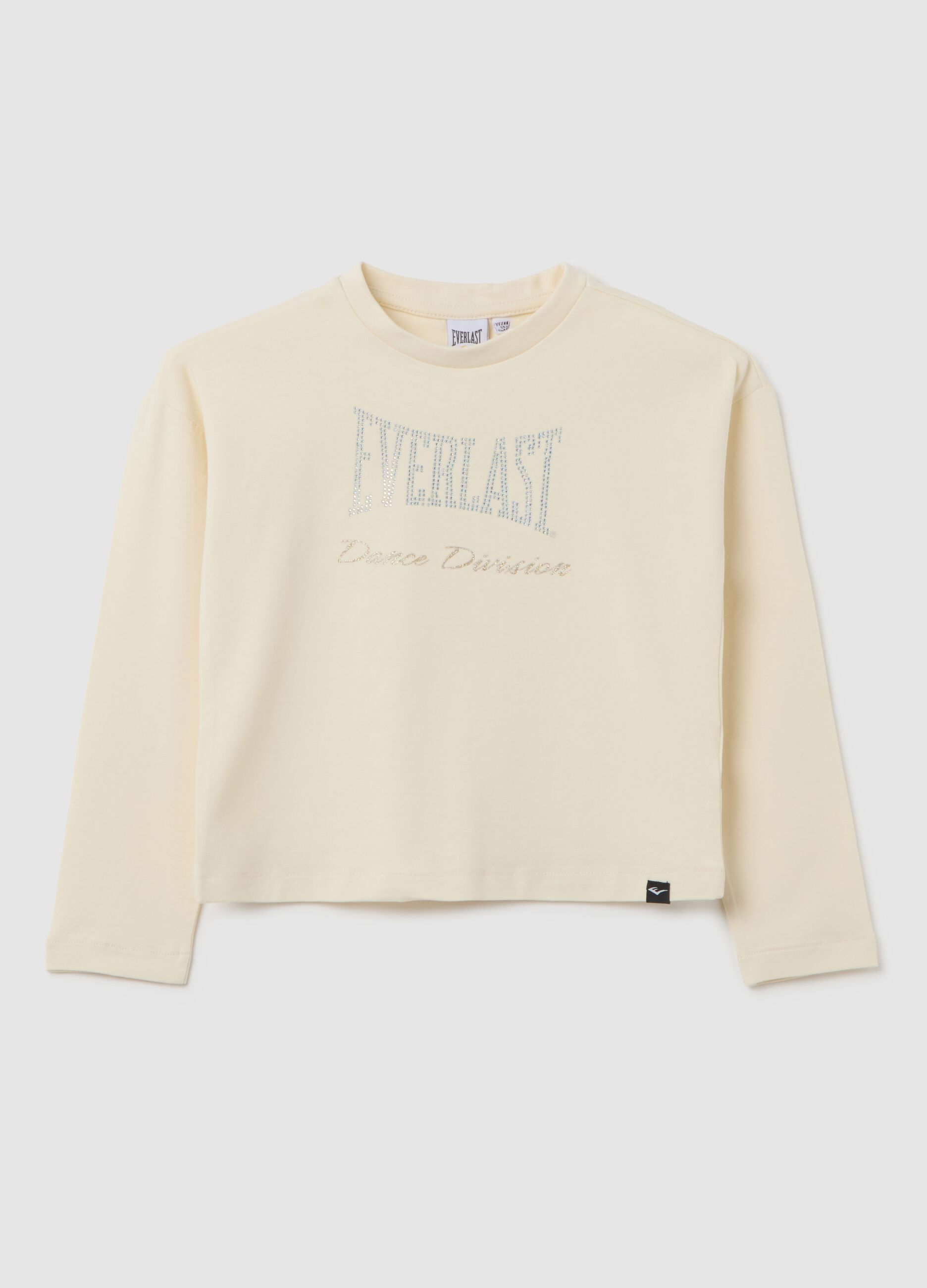 T-shirt de menina em algodão elástico bege com strass