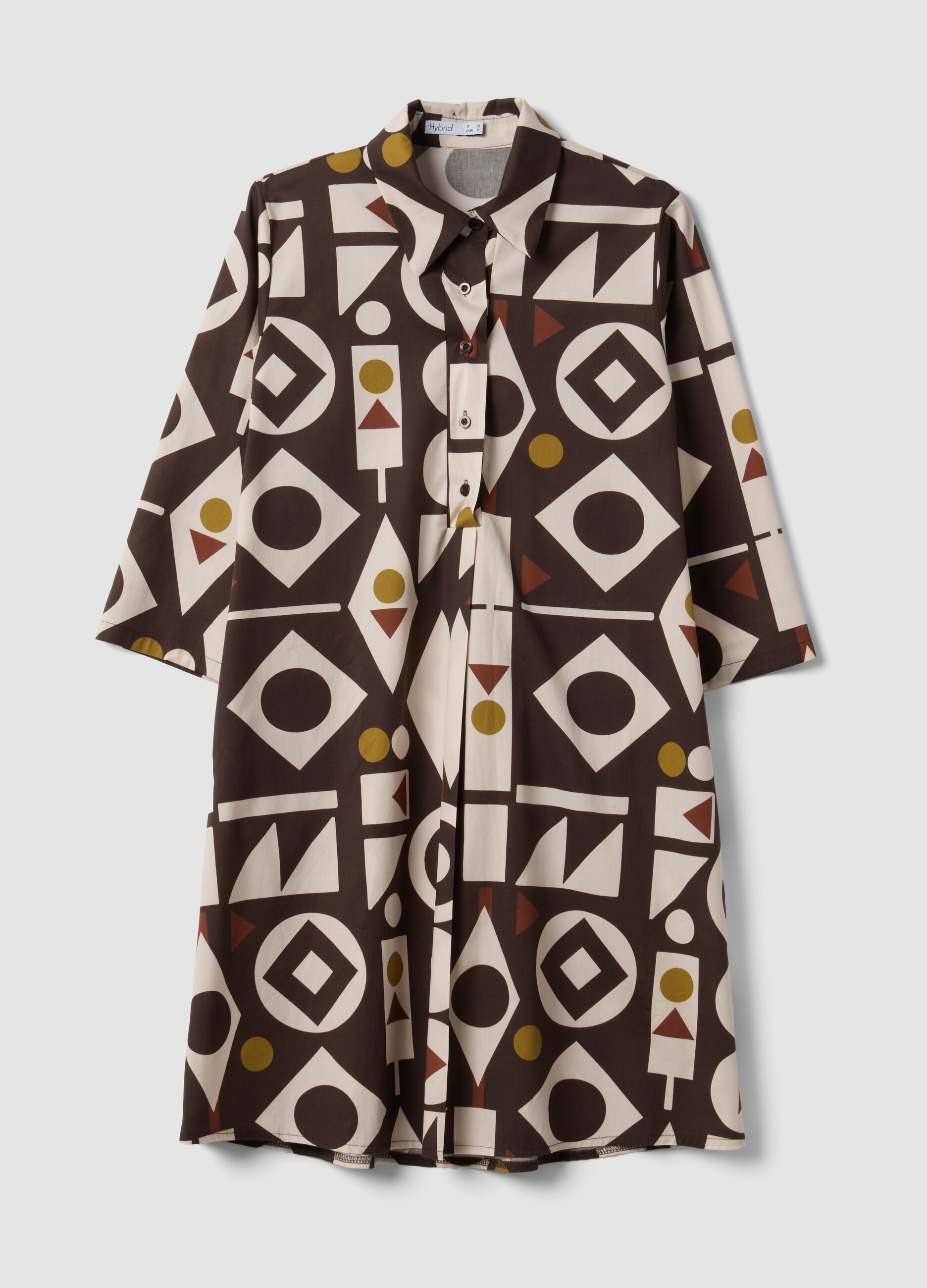 Brown stretch-cotton dress with geometric pattern, regular fit