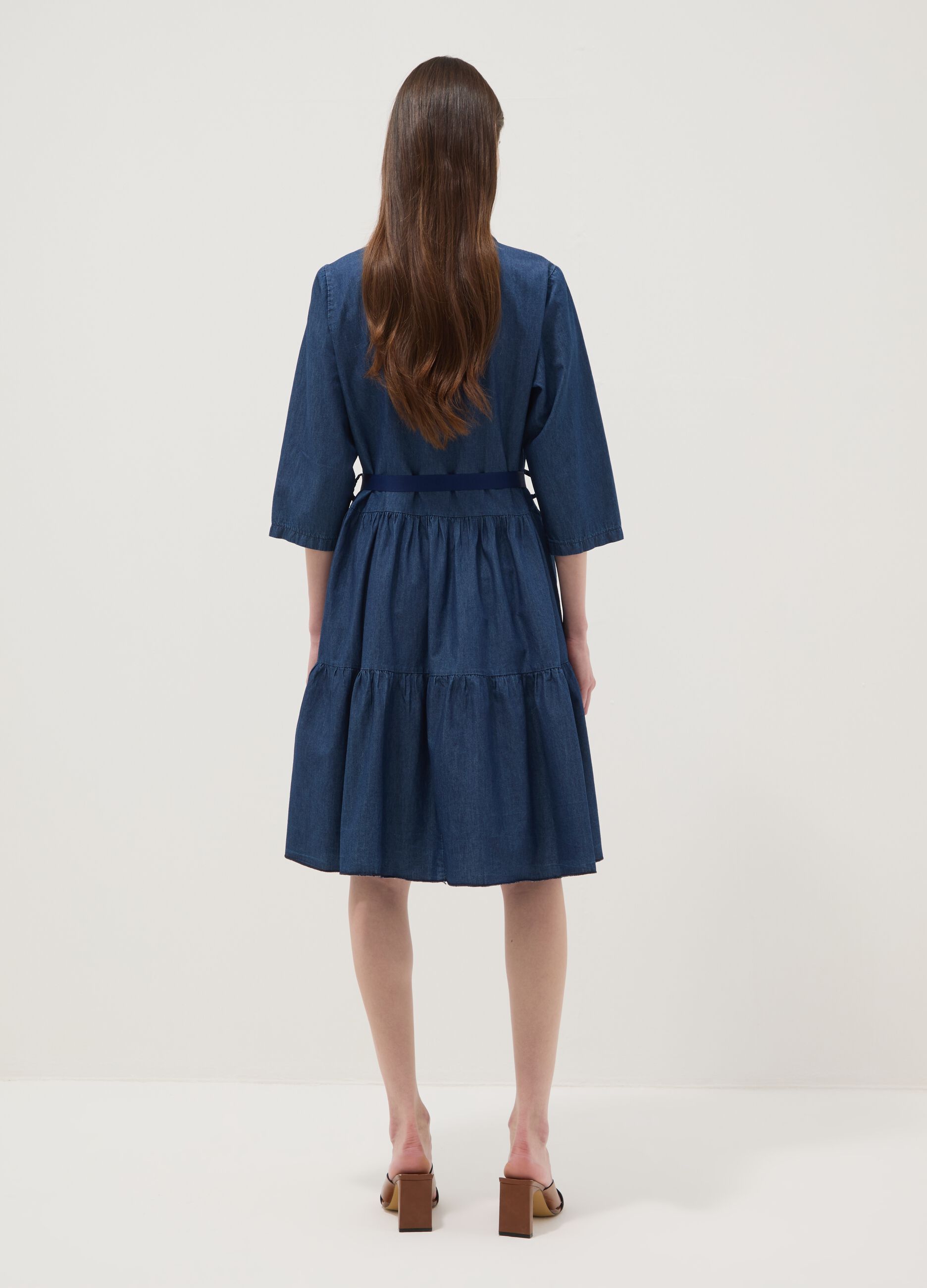 Blue stretch-cotton shirt dress with belt, regular fit