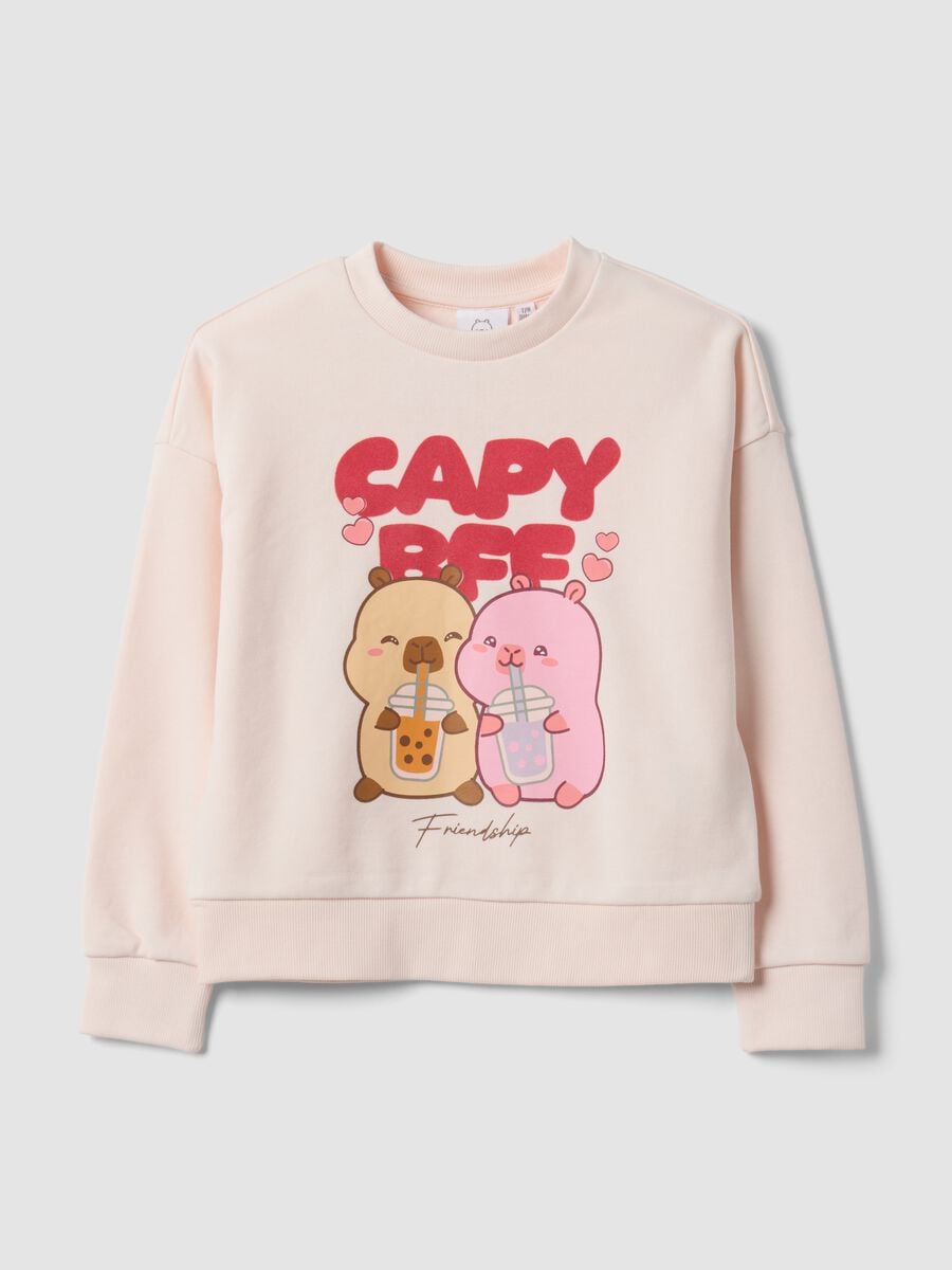 Pink cotton-blend crew-neck sweatshirt with capybara print for girls_0