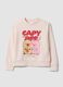 Pink cotton-blend crew-neck sweatshirt with capybara print for girls_0