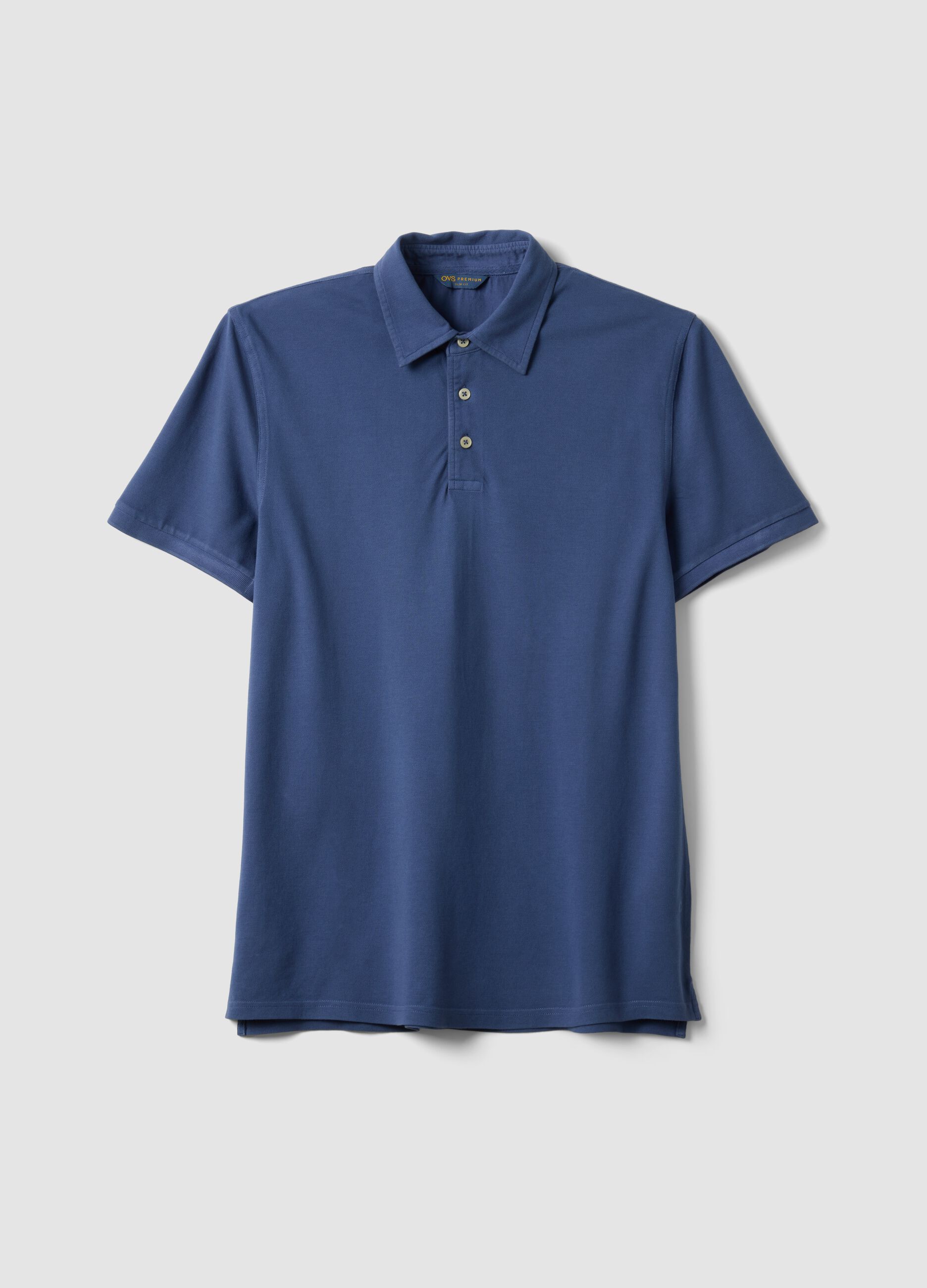 Blue pure cotton slim-fit short-sleeve polo