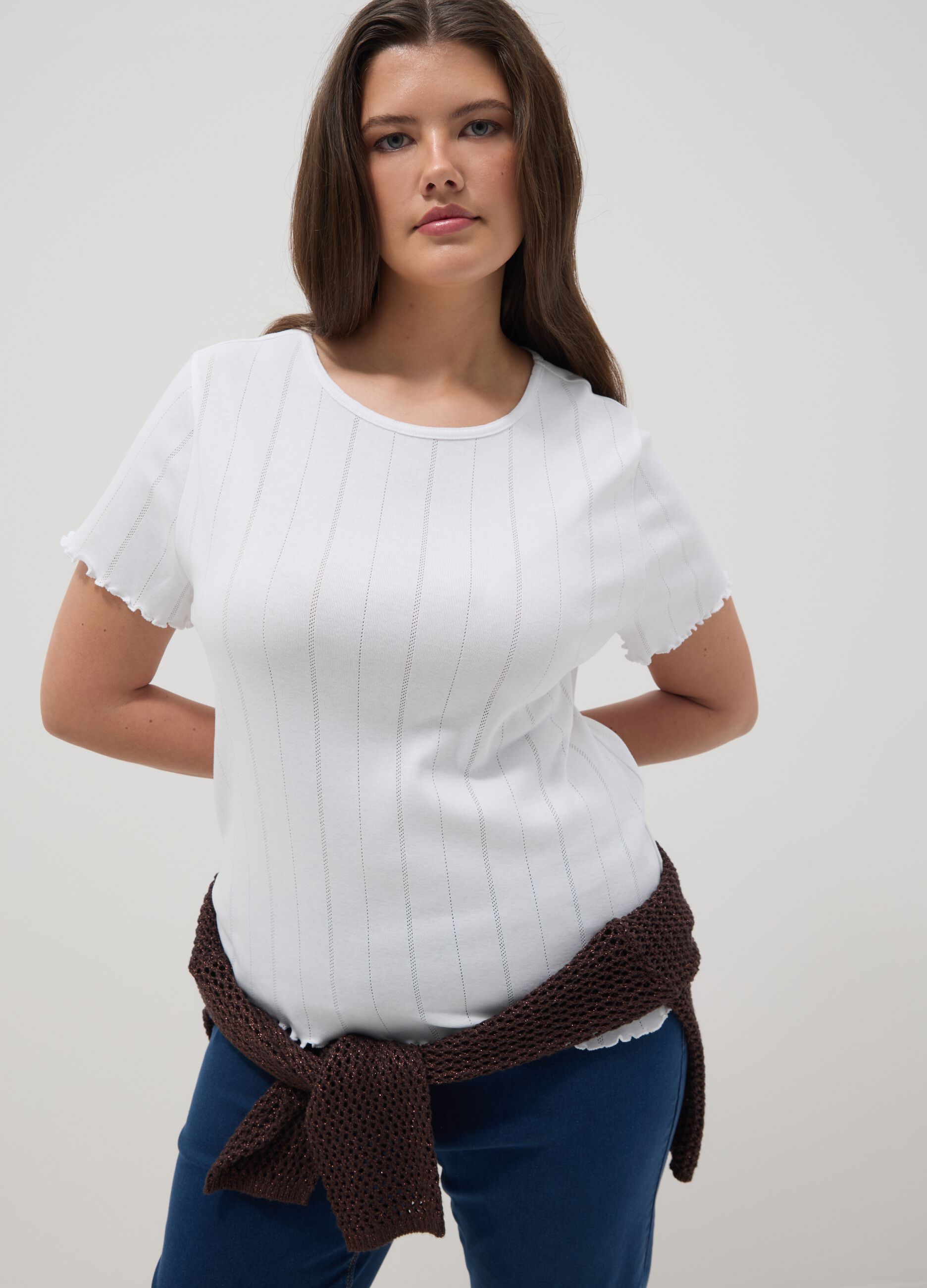 White pure cotton striped regular fit T-shirt